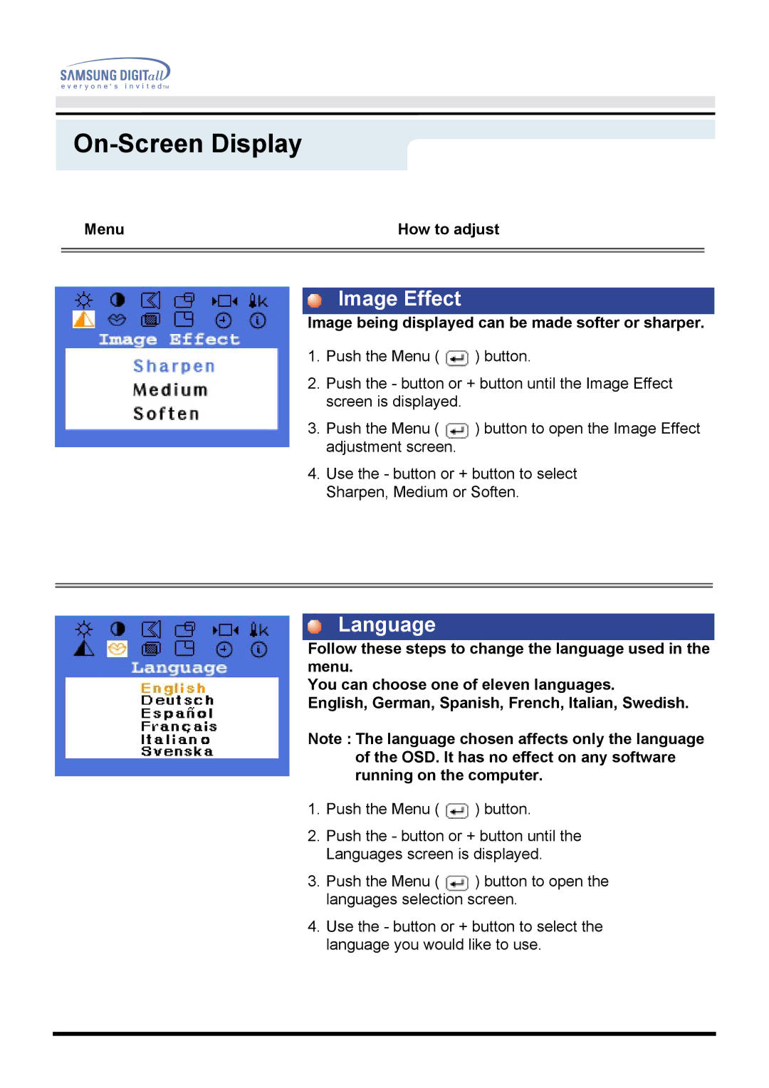 Samsung 760TFT manual Image Effect, Language 