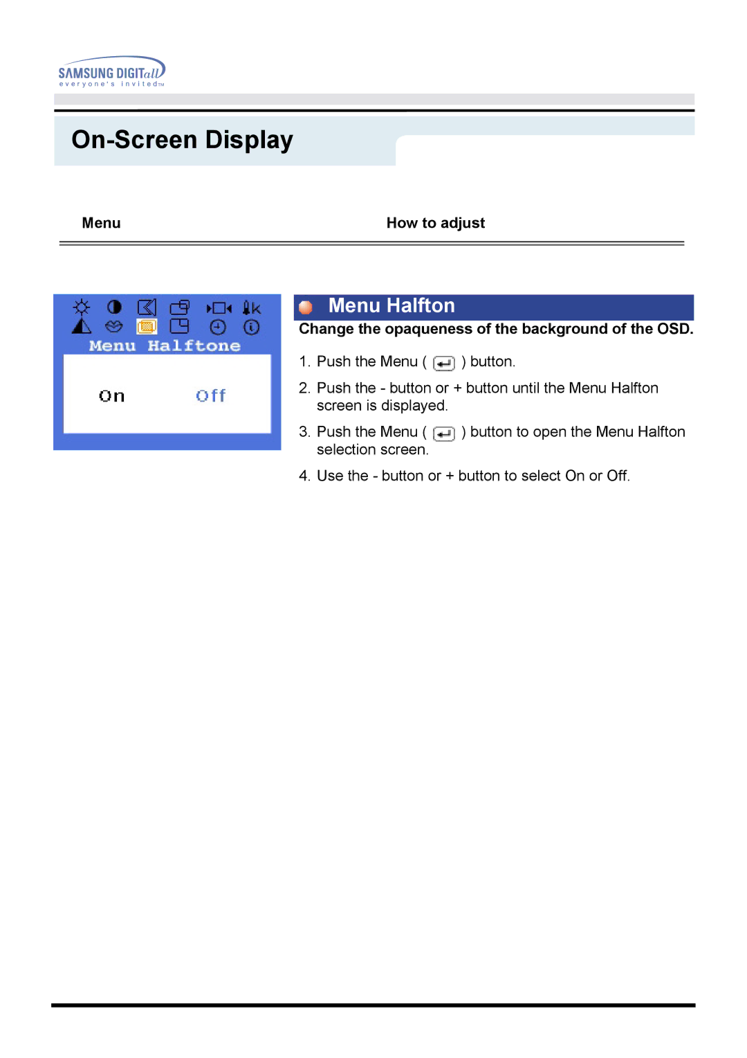 Samsung 760TFT manual Menu Halfton, Change the opaqueness of the background of the OSD 