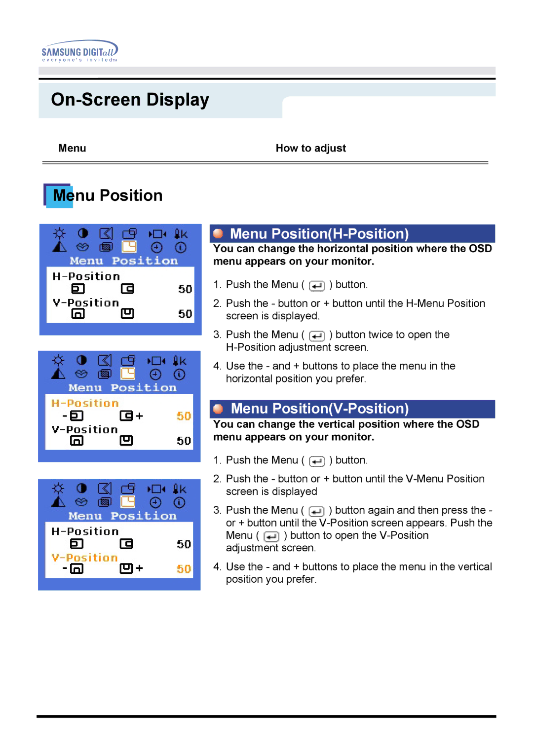 Samsung 760TFT manual Menu PositionH-Position, Menu PositionV-Position 