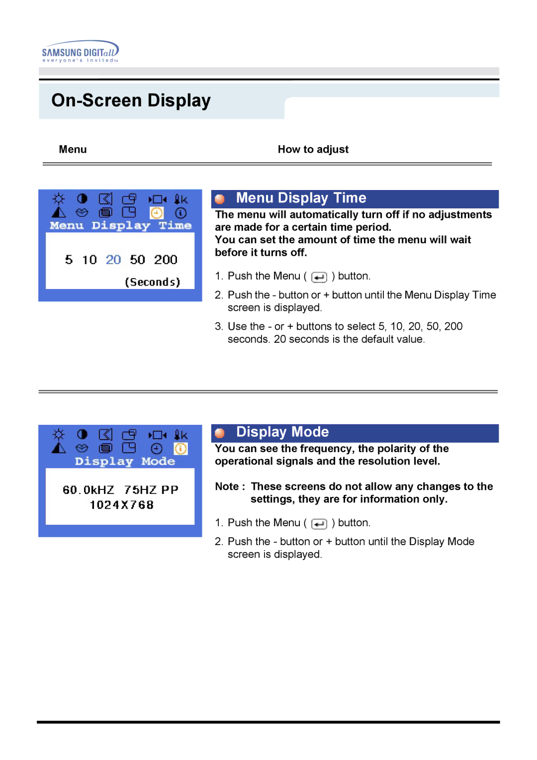 Samsung 760TFT manual Menu Display Time, Display Mode 