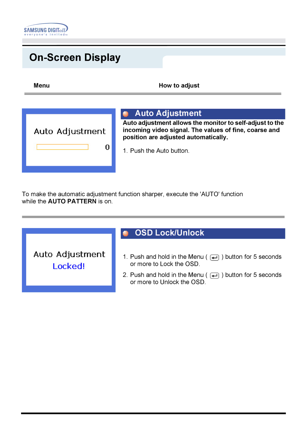 Samsung 760TFT manual Auto Adjustment, OSD Lock/Unlock 