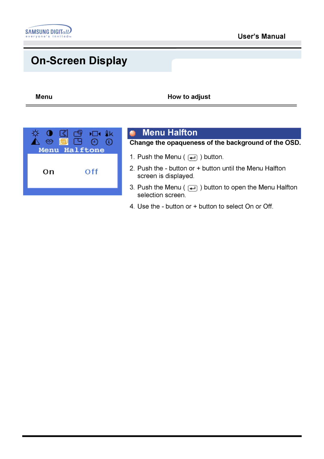 Samsung 760TFT manual Menu Halfton 