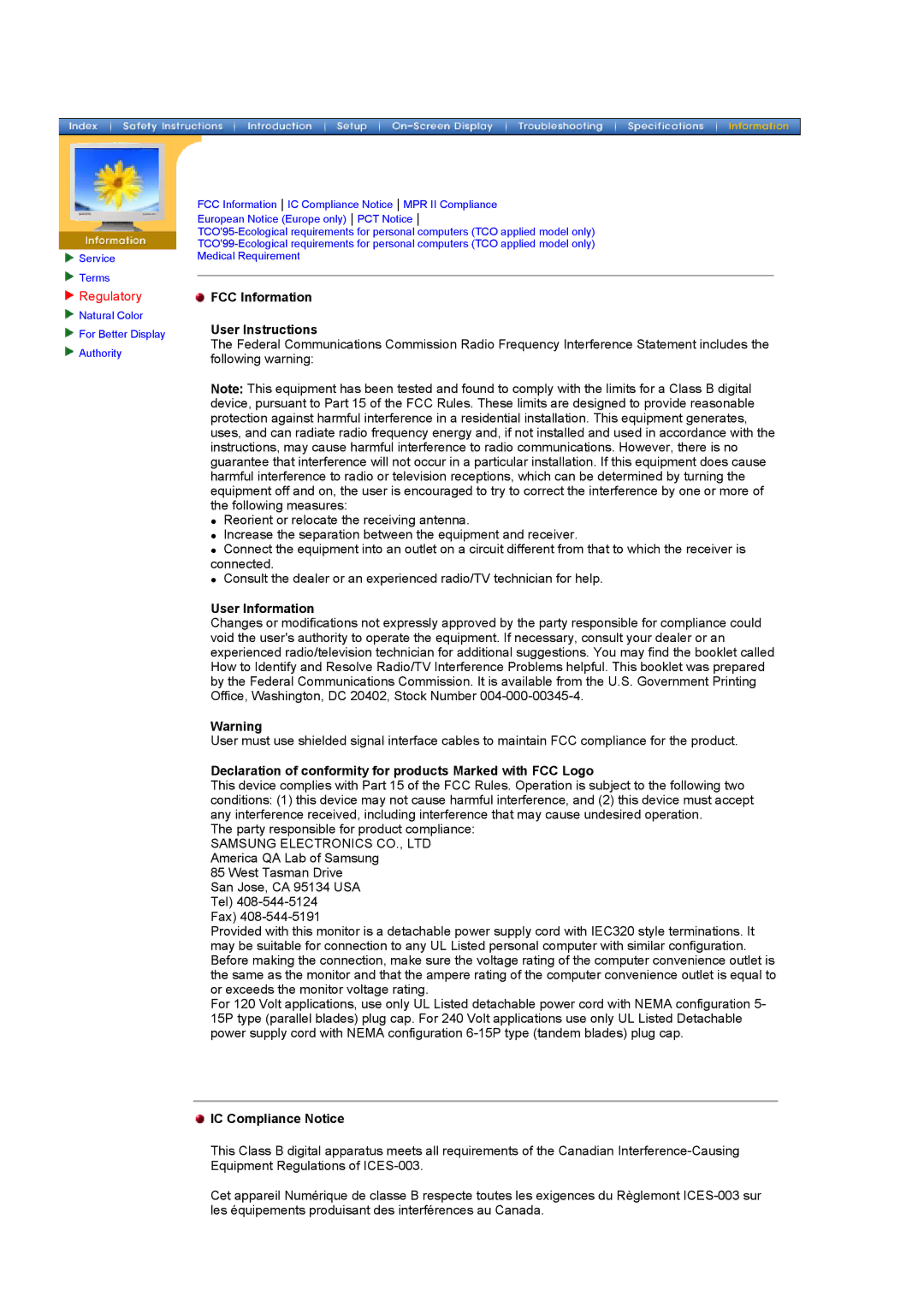 Samsung 760TFT manual FCC Information User Instructions, User Information, IC Compliance Notice 