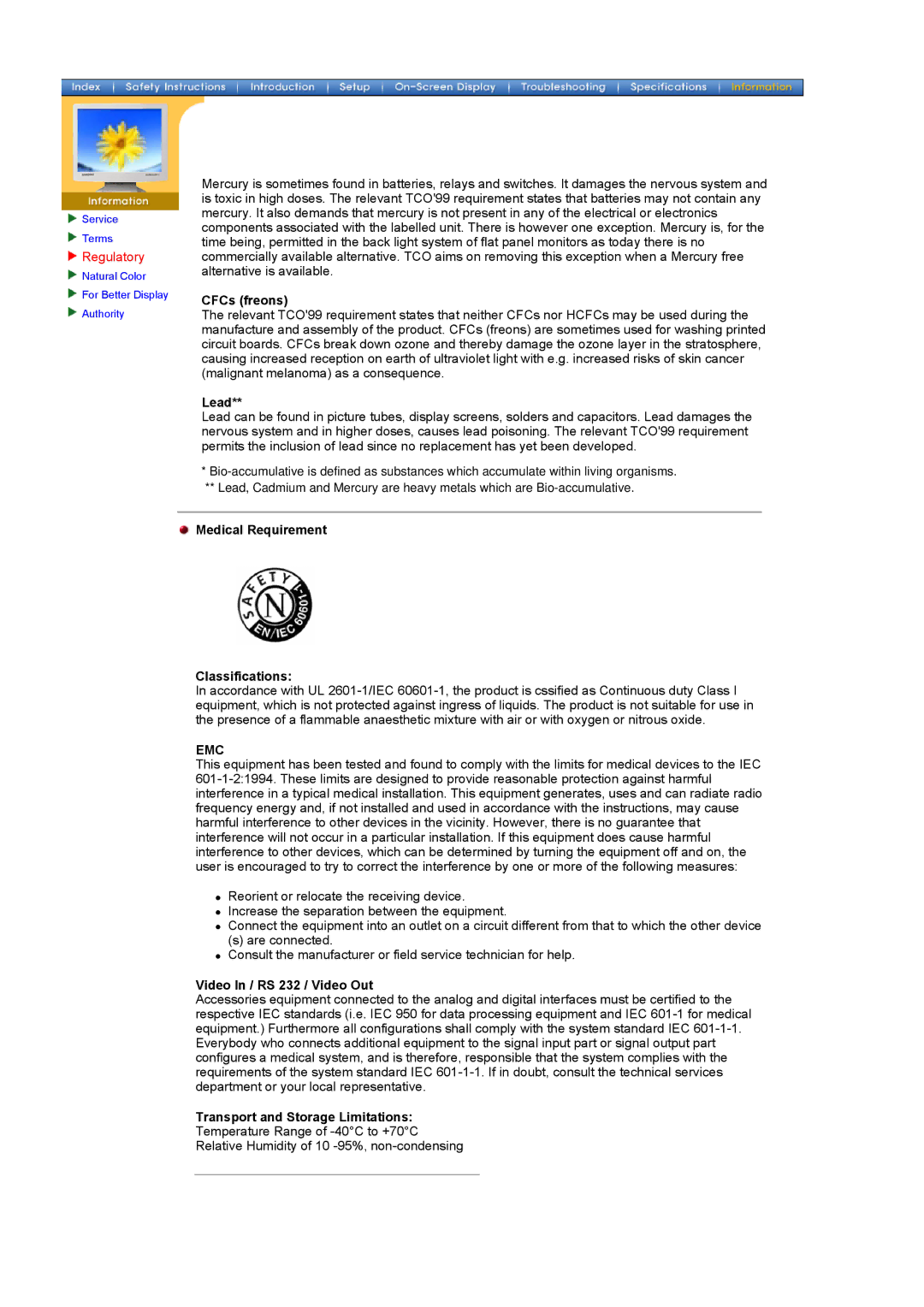 Samsung 760TFT manual Medical Requirement Classifications, Video In / RS 232 / Video Out, Transport and Storage Limitations 