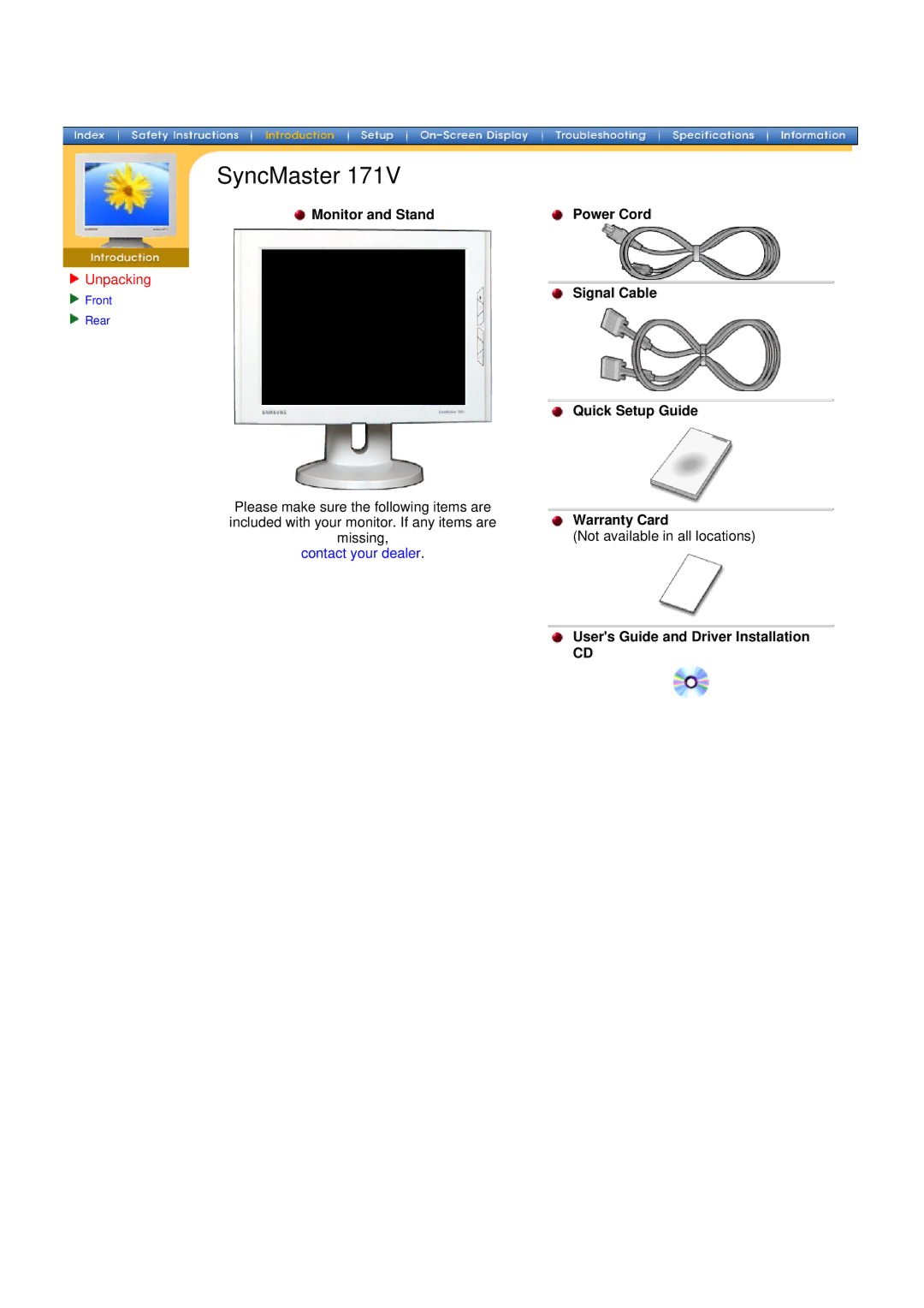 Samsung 760TFT manual Monitor and Stand, Power Cord Signal Cable Quick Setup Guide Warranty Card 