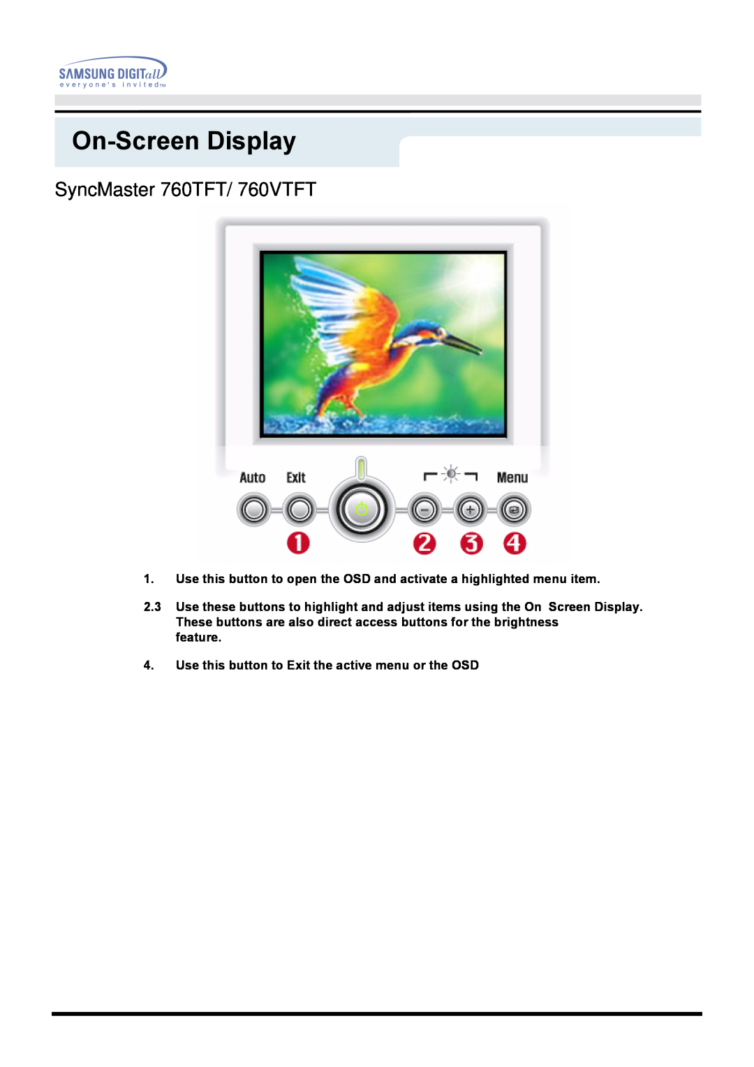 Samsung manual On-Screen Display, SyncMaster 760TFT/ 760VTFT 