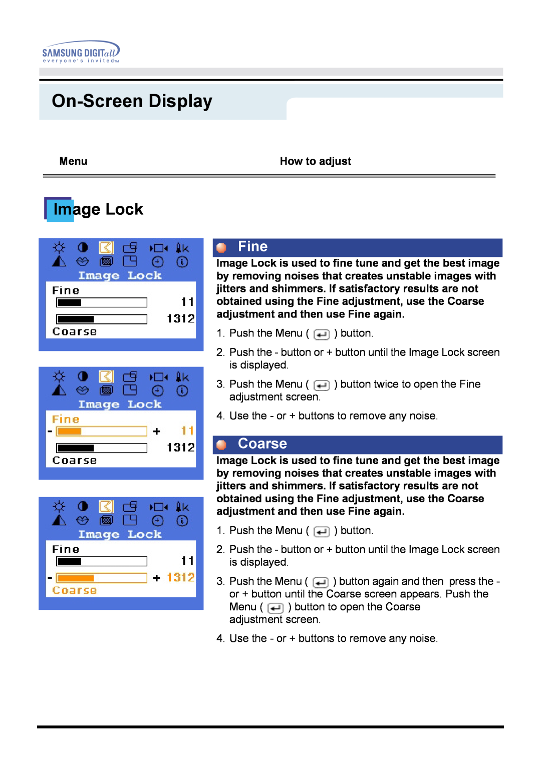 Samsung 760TFT manual Image Lock, Fine, Coarse, On-Screen Display, Menu, How to adjust 