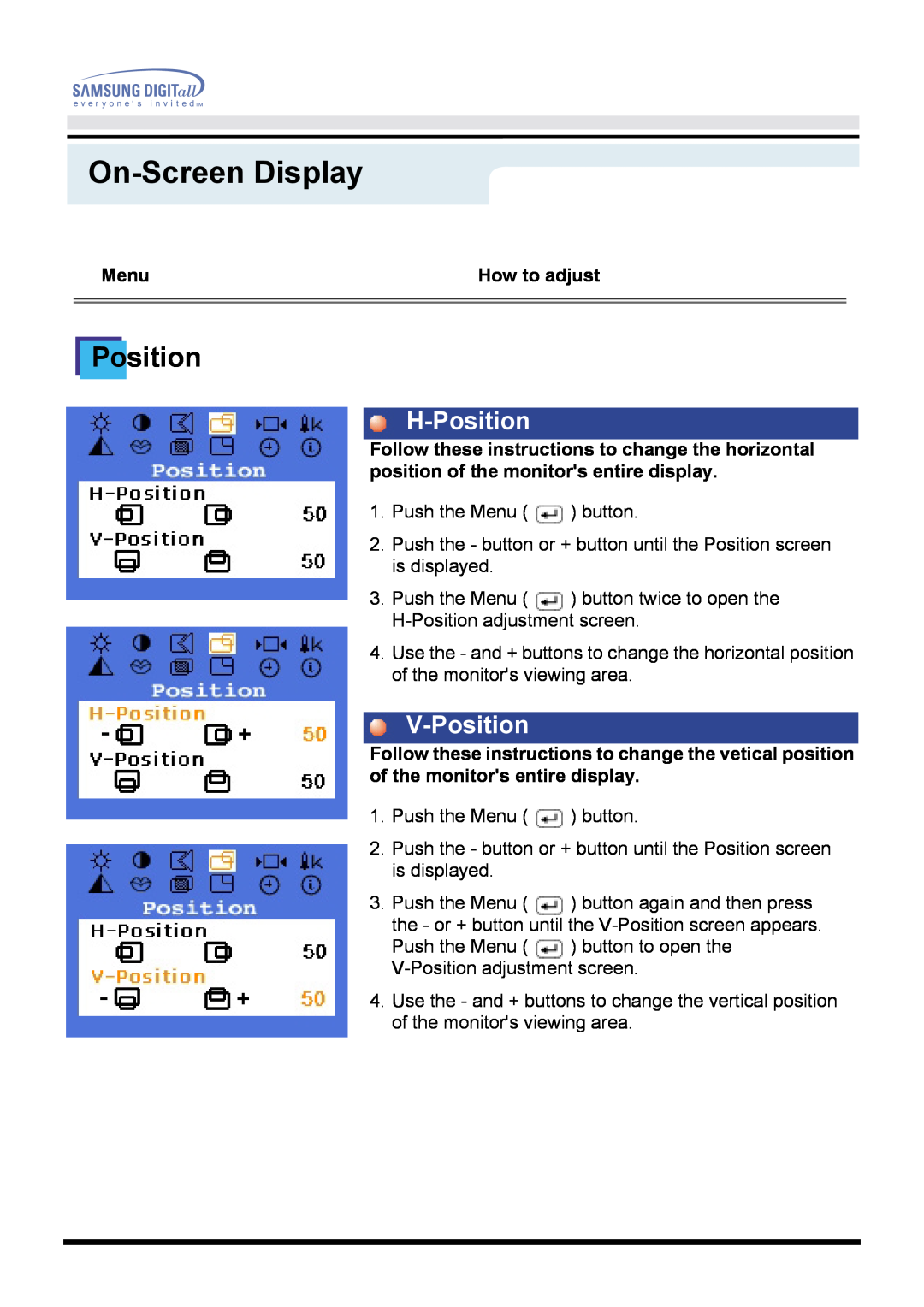 Samsung 760TFT manual H-Position, V-Position, On-Screen Display, Menu, How to adjust 