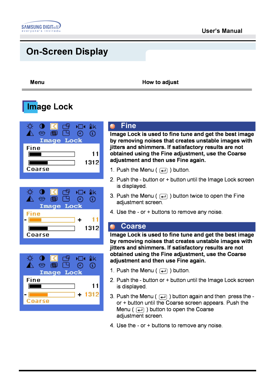 Samsung 760TFT manual On-Screen Display, Image Lock, Fine, Coarse, User’s Manual, Menu, How to adjust 