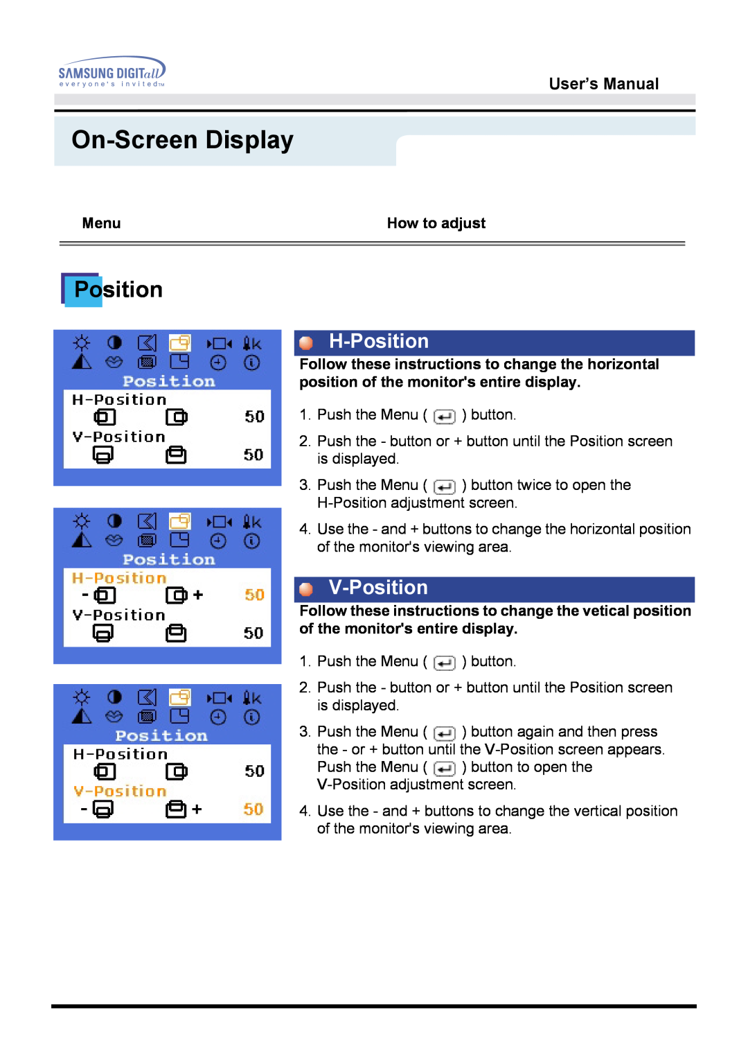 Samsung 760TFT manual On-Screen Display, H-Position, V-Position, User’s Manual, Menu, How to adjust 