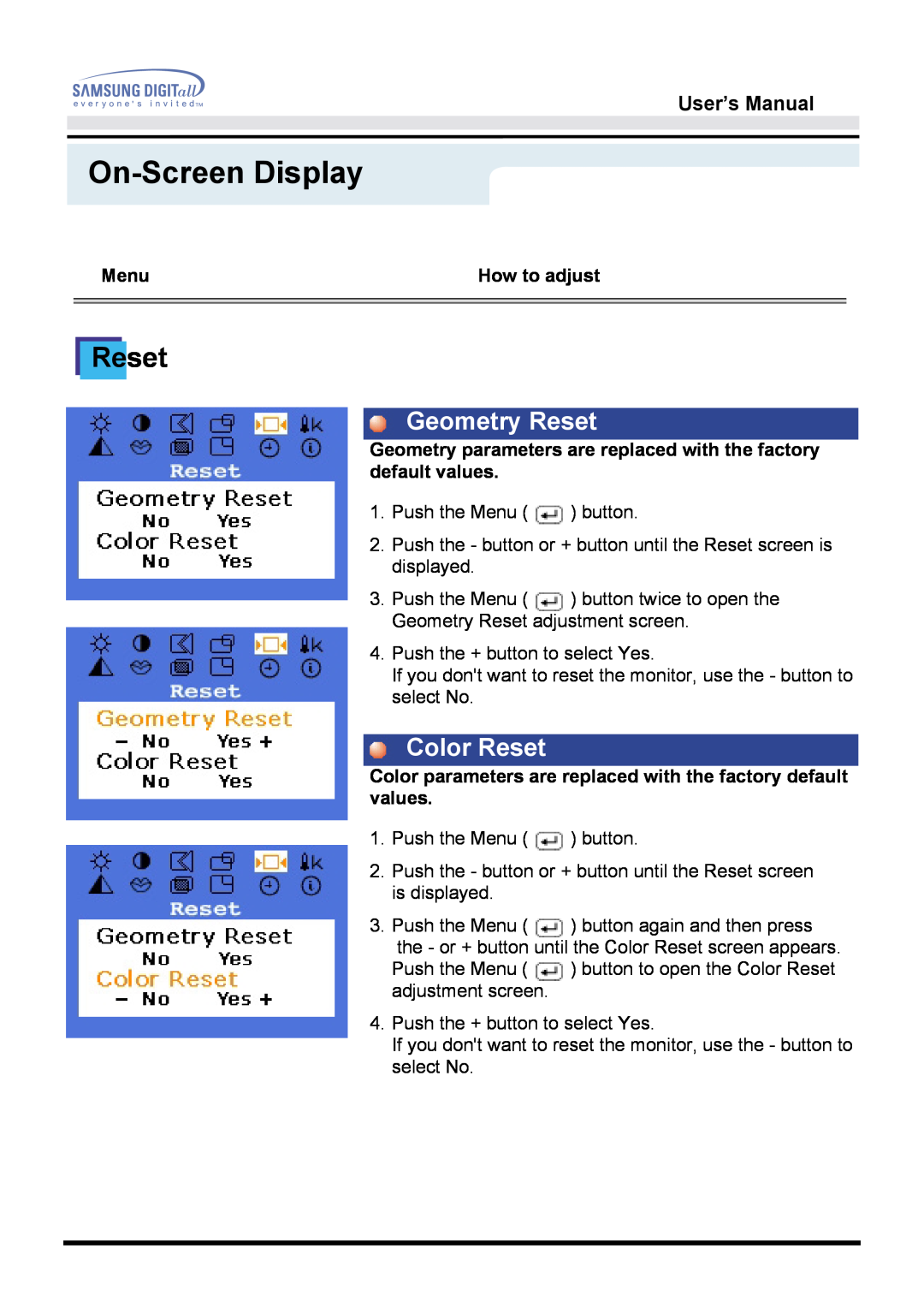 Samsung 760TFT manual On-Screen Display, Geometry Reset, Color Reset, User’s Manual, Menu, How to adjust 