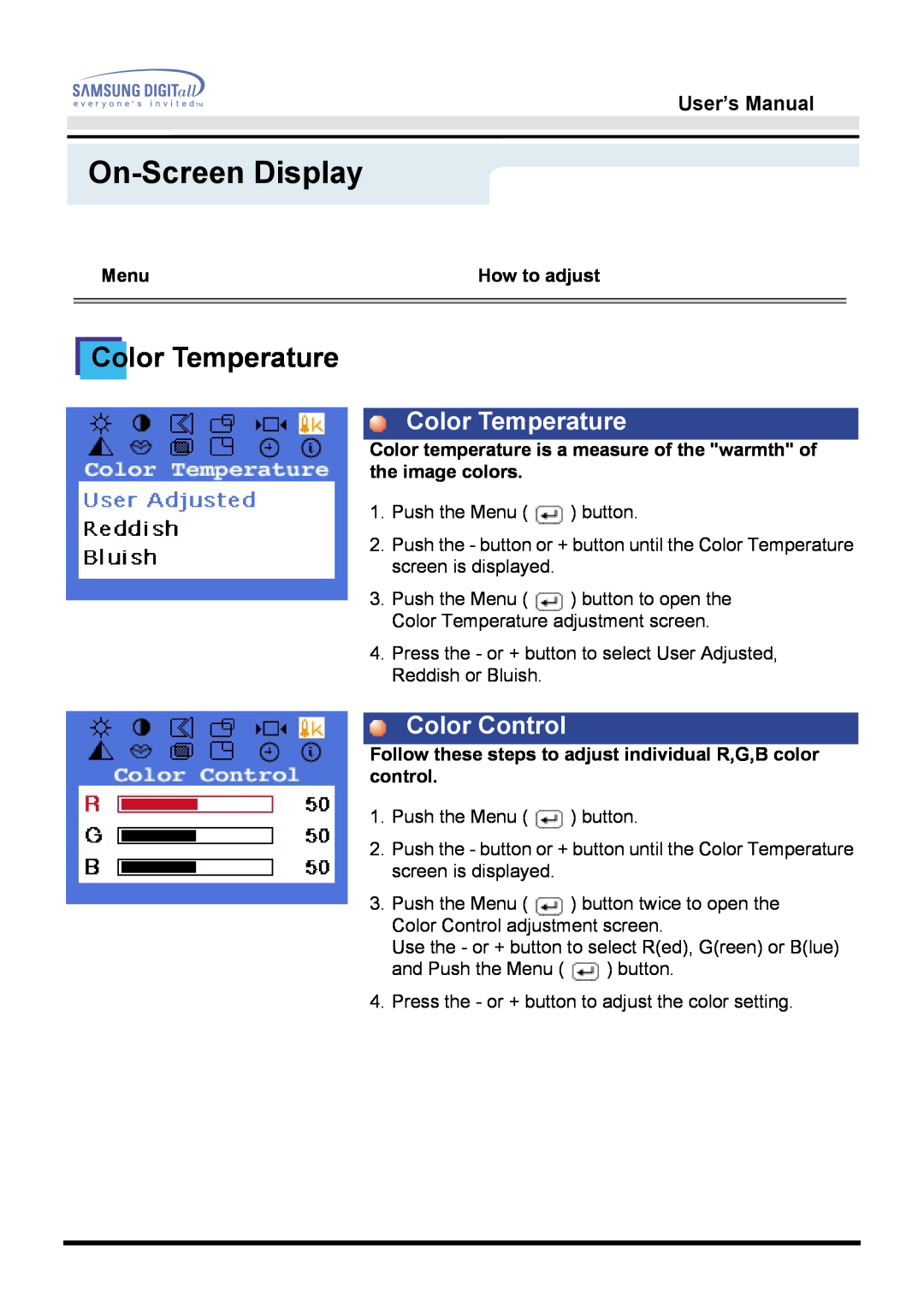 Samsung 760TFT manual On-Screen Display, Color Temperature, Color Control, User’s Manual, Menu, How to adjust 