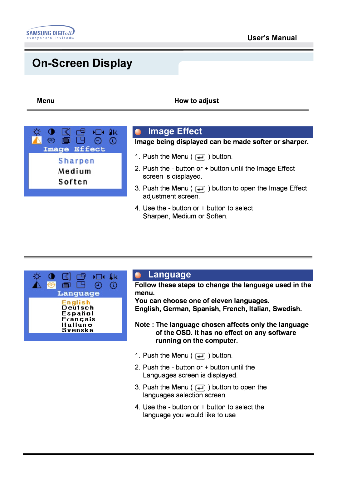 Samsung 760TFT manual On-Screen Display, Image Effect, Language, User’s Manual, Menu, How to adjust 