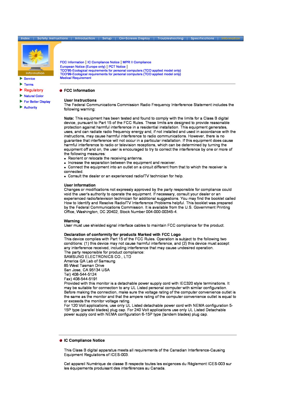 Samsung 760TFT manual Regulatory, FCC Information User Instructions, User Information, IC Compliance Notice 