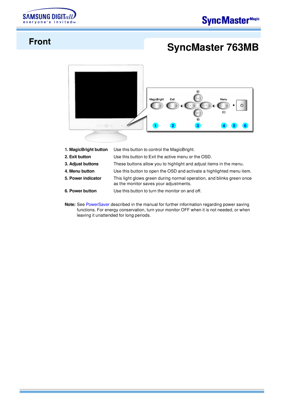 Samsung 763MB manual Front, Power button Use this button to turn the monitor on and off 