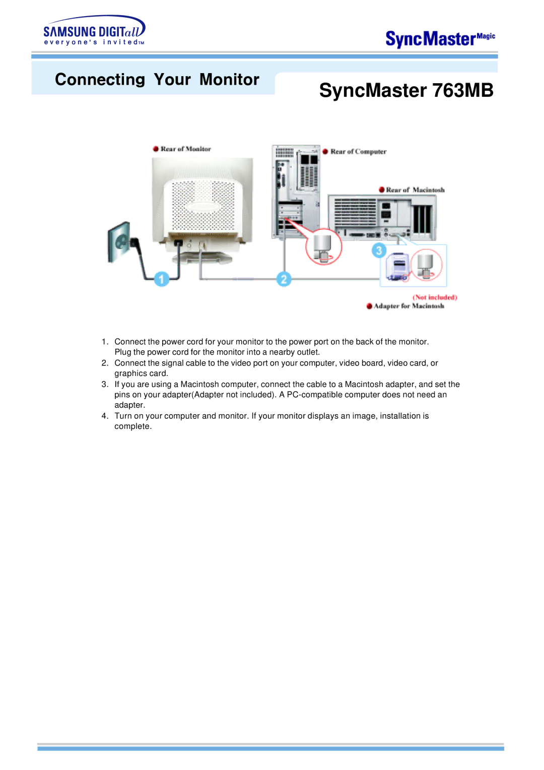 Samsung 763MB manual Connecting Your Monitor 