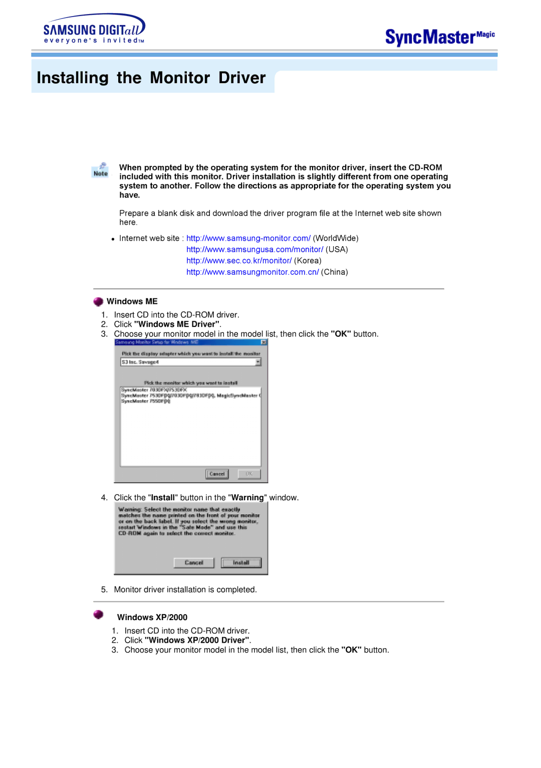 Samsung 763MB manual Installing the Monitor Driver, Click Windows ME Driver, Click Windows XP/2000 Driver 