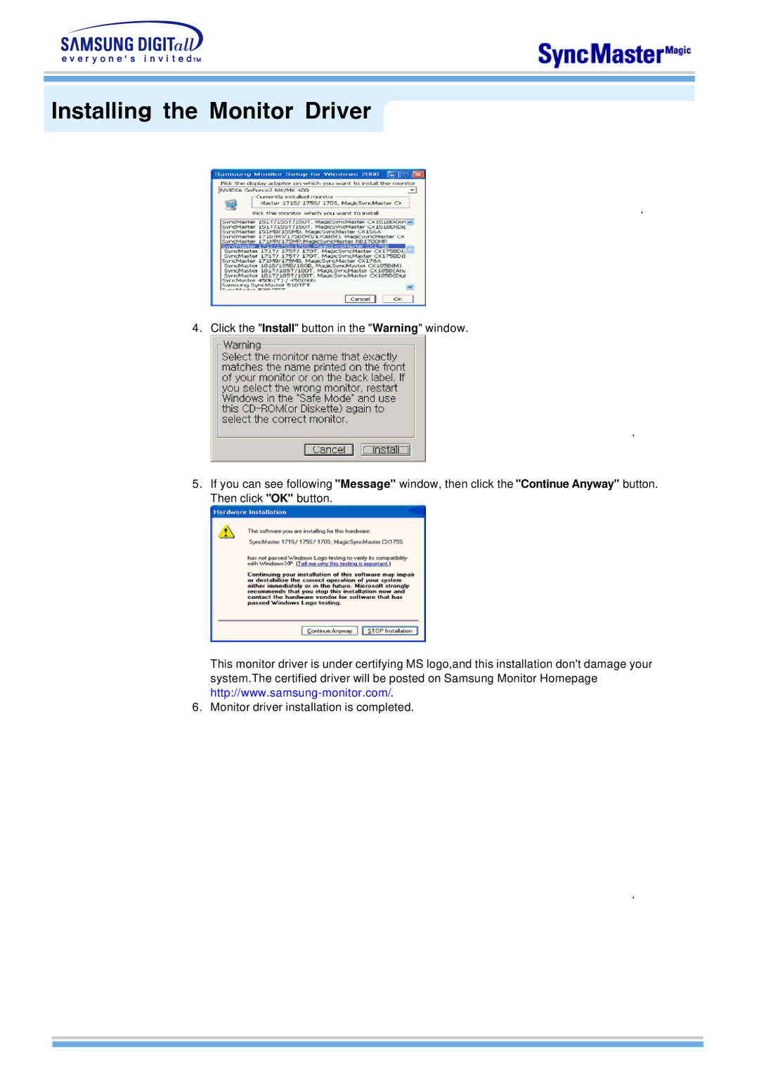 Samsung 763MB manual Installing the Monitor Driver 