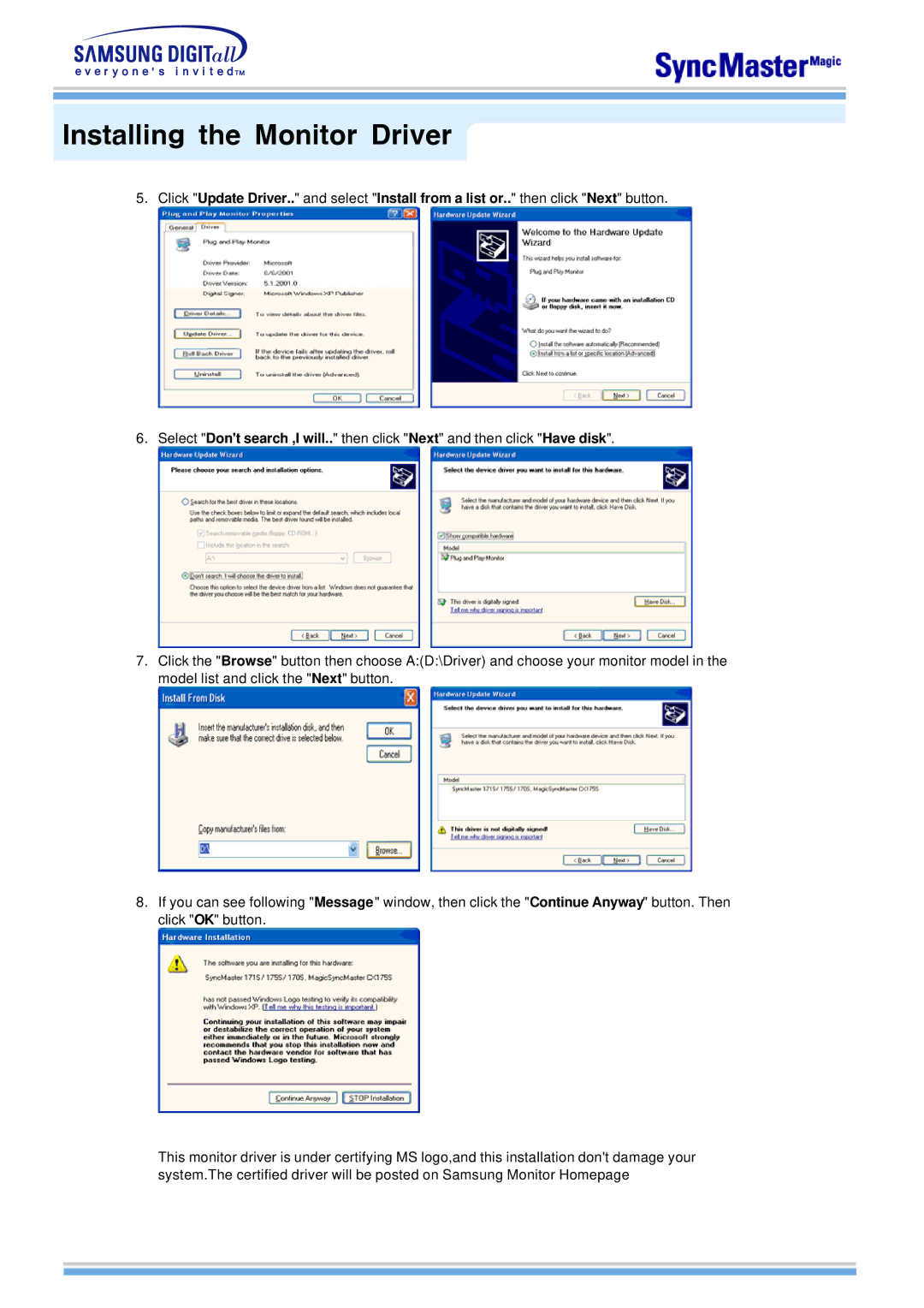 Samsung 763MB manual Installing the Monitor Driver 