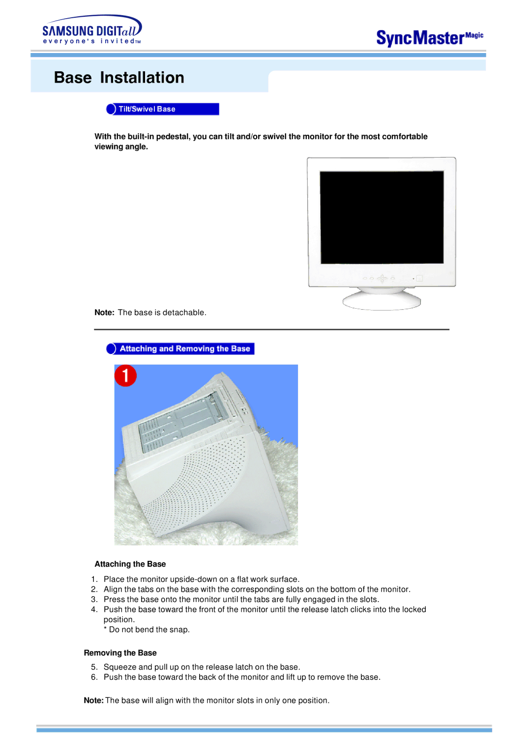 Samsung 763MB manual Base Installation, Removing the Base 