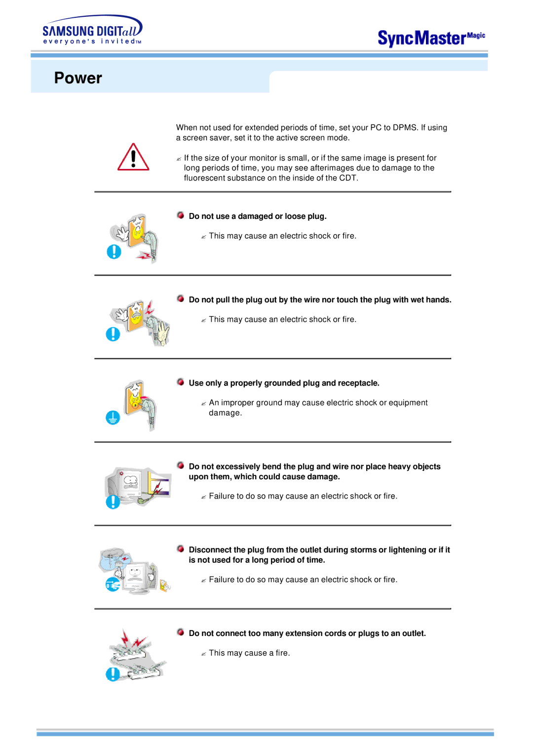 Samsung 763MB manual Power, Do not use a damaged or loose plug, Use only a properly grounded plug and receptacle 