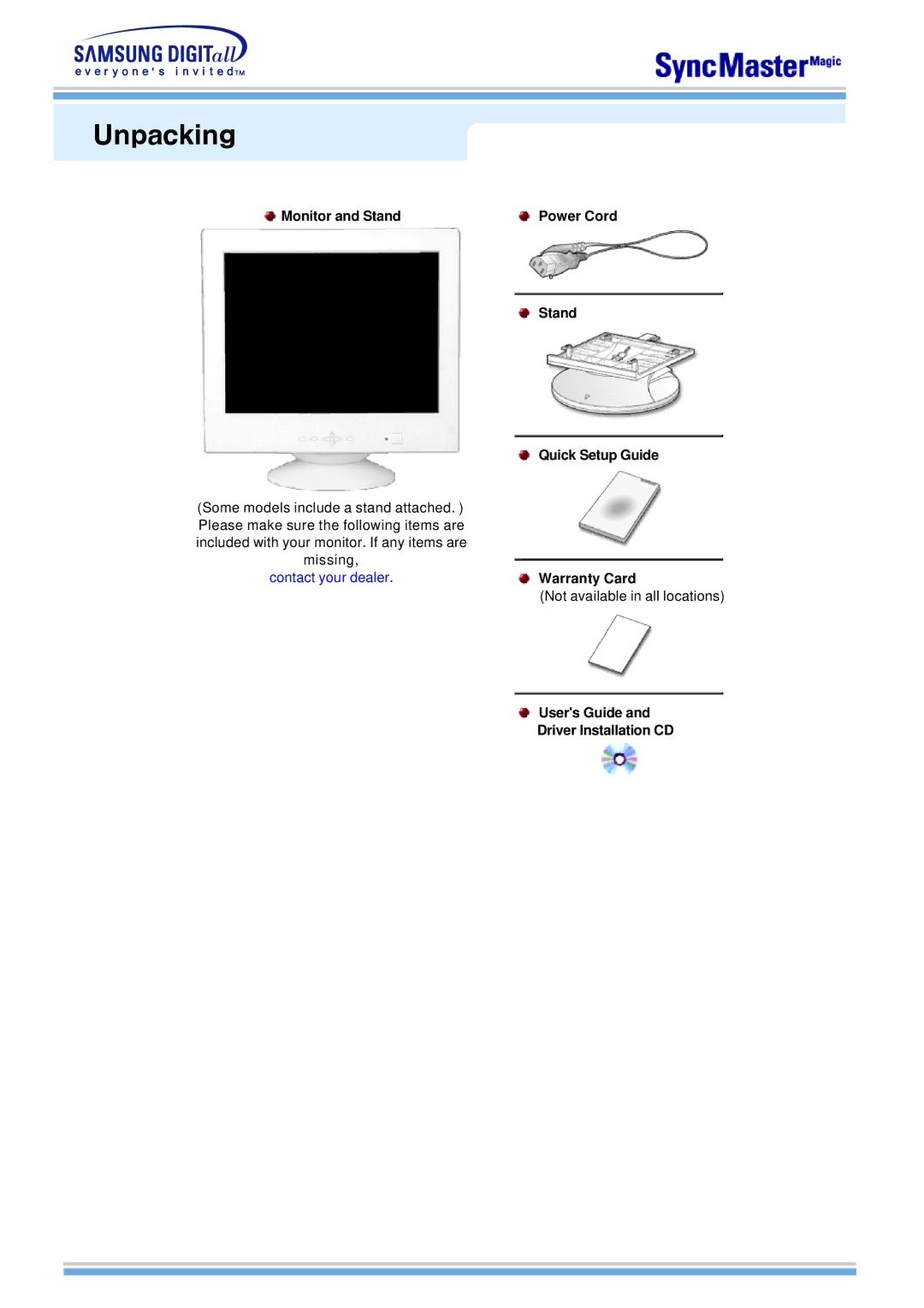 Samsung 763MB manual Unpacking, Monitor and Stand Power Cord, Stand Quick Setup Guide Warranty Card 