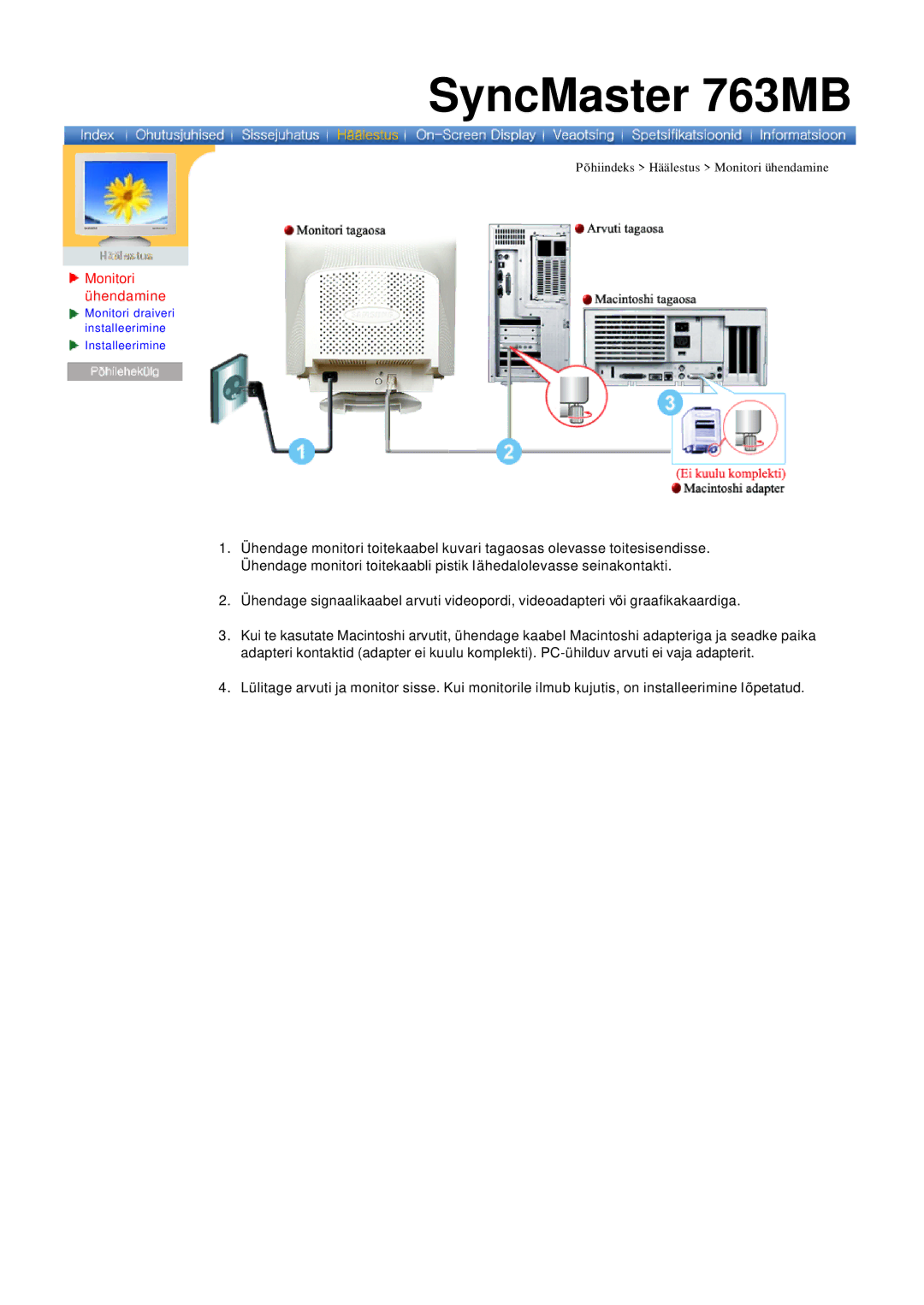 Samsung 765MB manual Monitori ühendamine 