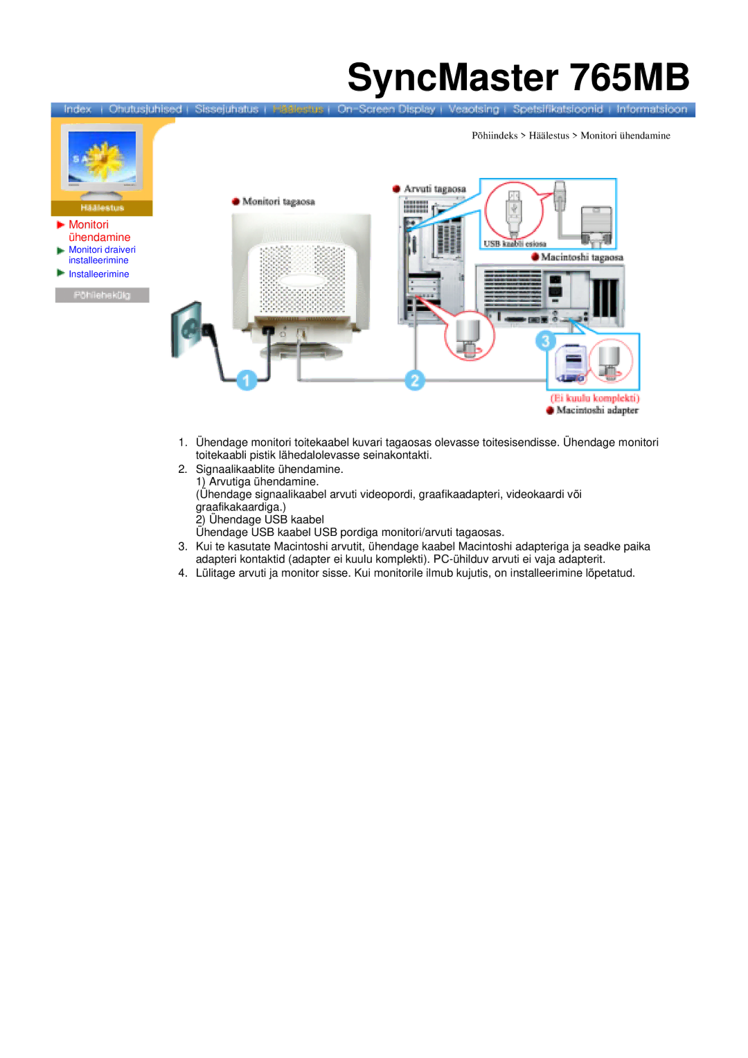 Samsung 765MB manual Signaalikaablite ühendamine Arvutiga ühendamine 