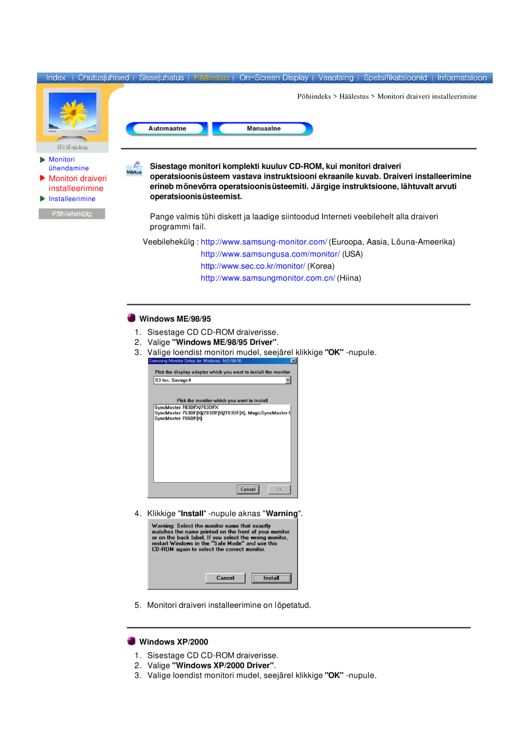 Samsung 765MB manual Operatsioonisüsteemist, Valige Windows ME/98/95 Driver, Valige Windows XP/2000 Driver 