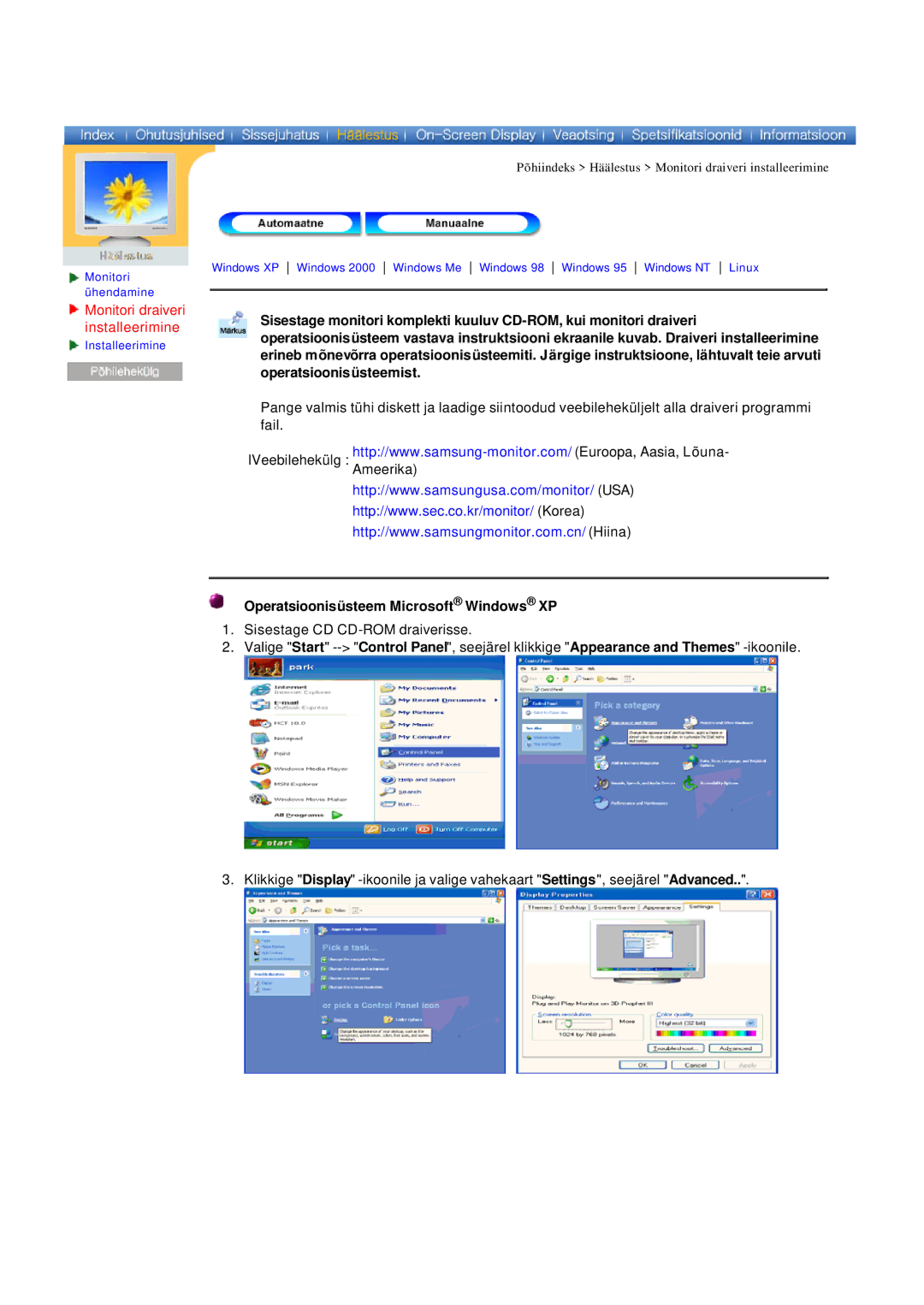 Samsung 765MB manual Monitori draiveri installeerimine, Operatsioonisüsteem Microsoft Windows XP 