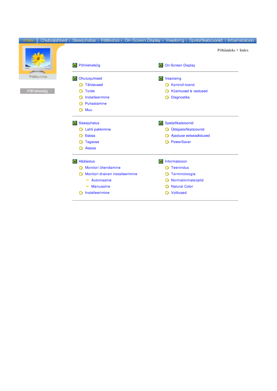 Samsung 765MB manual Põhiindeks Index 