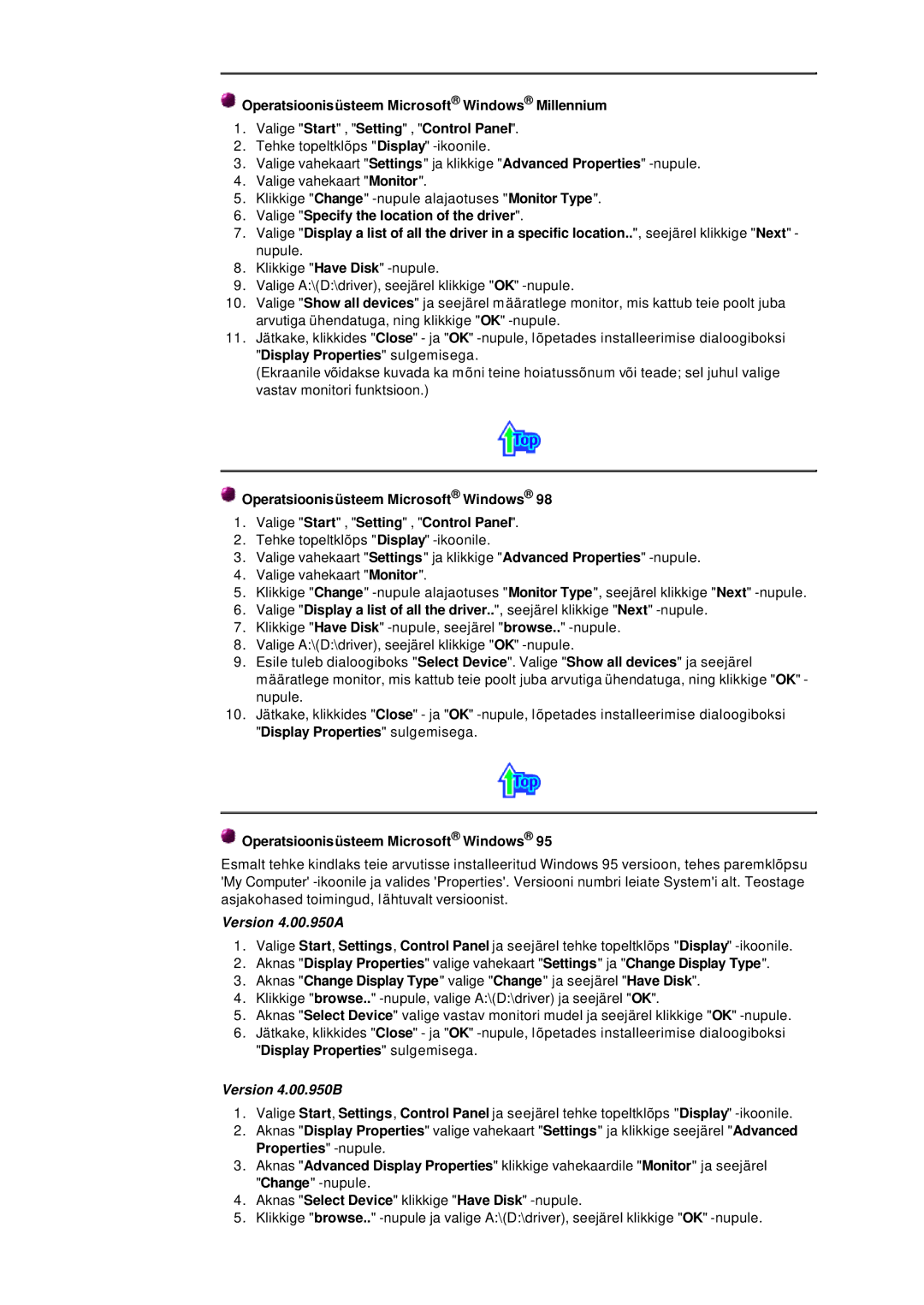 Samsung 765MB manual Operatsioonisüsteem Microsoft Windows, Version 4.00.950A 