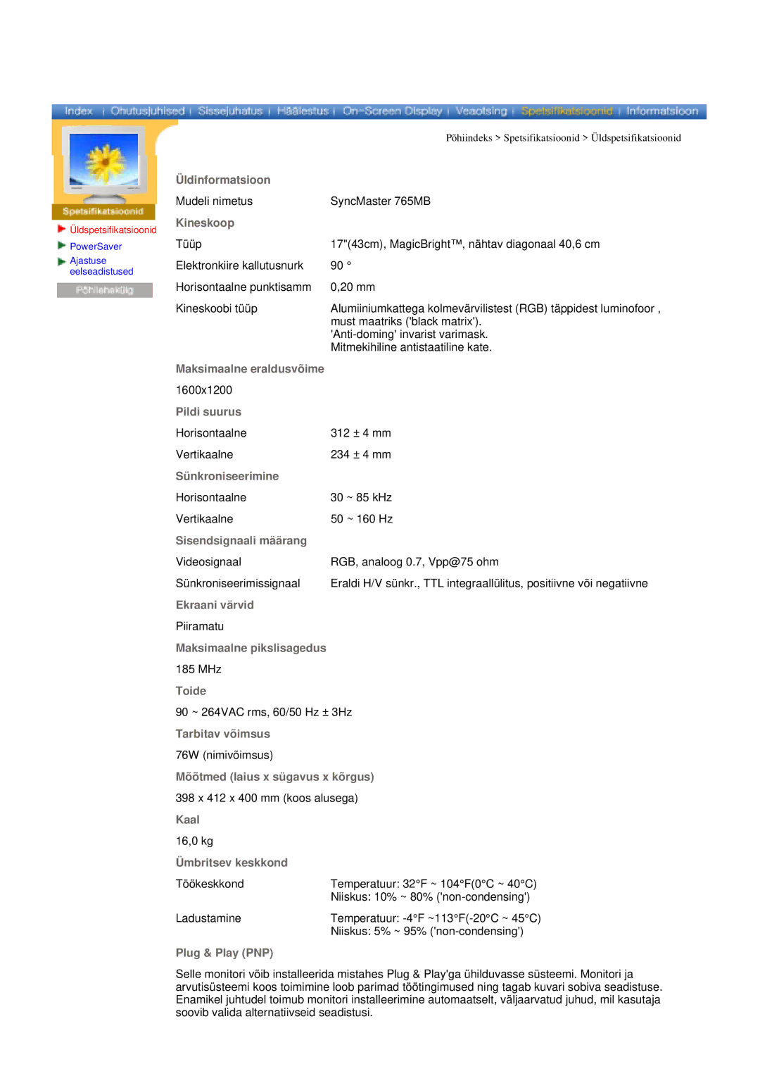 Samsung manual Mudeli nimetus SyncMaster 765MB 