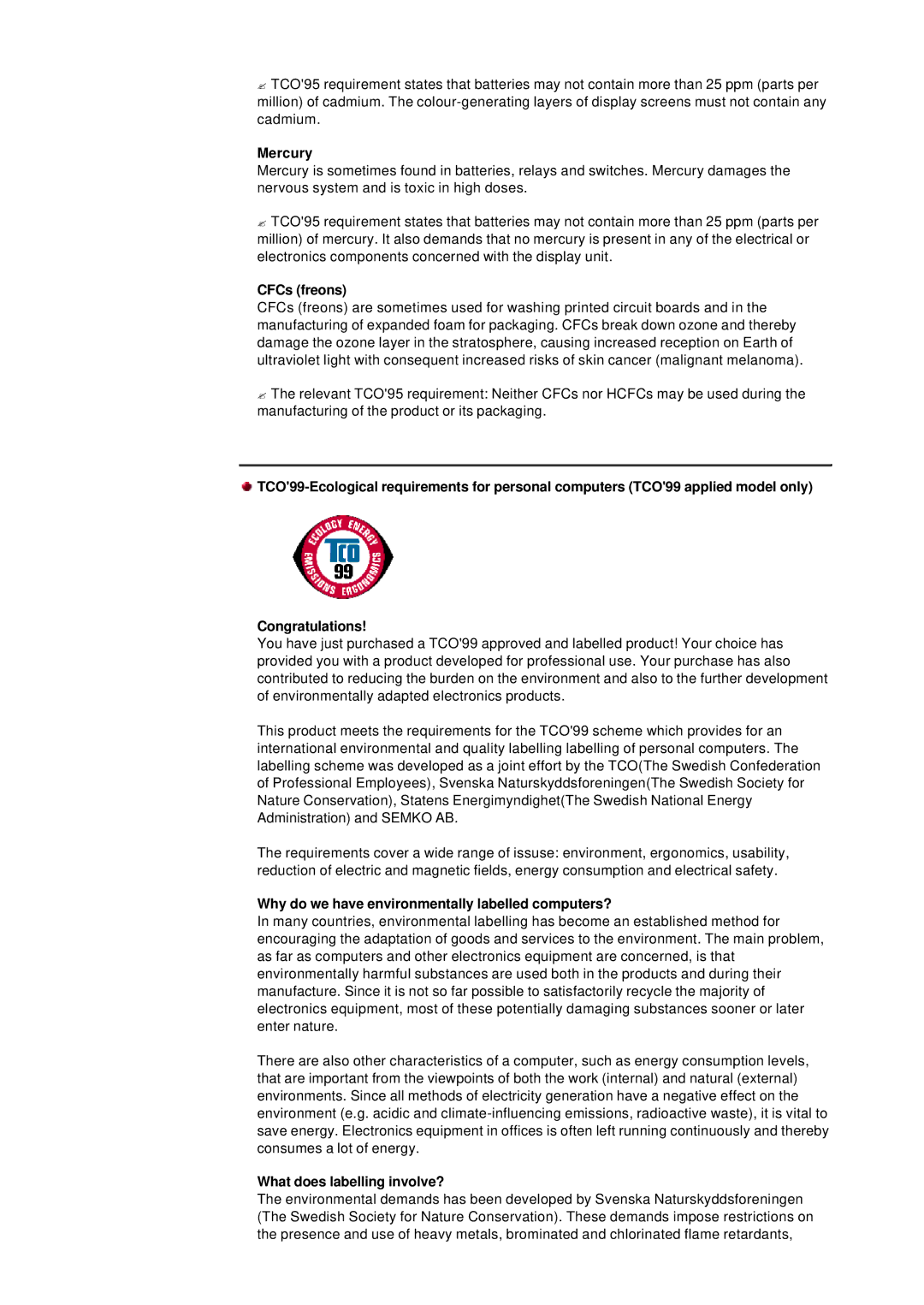 Samsung 765MB manual Mercury, CFCs freons, Why do we have environmentally labelled computers? 