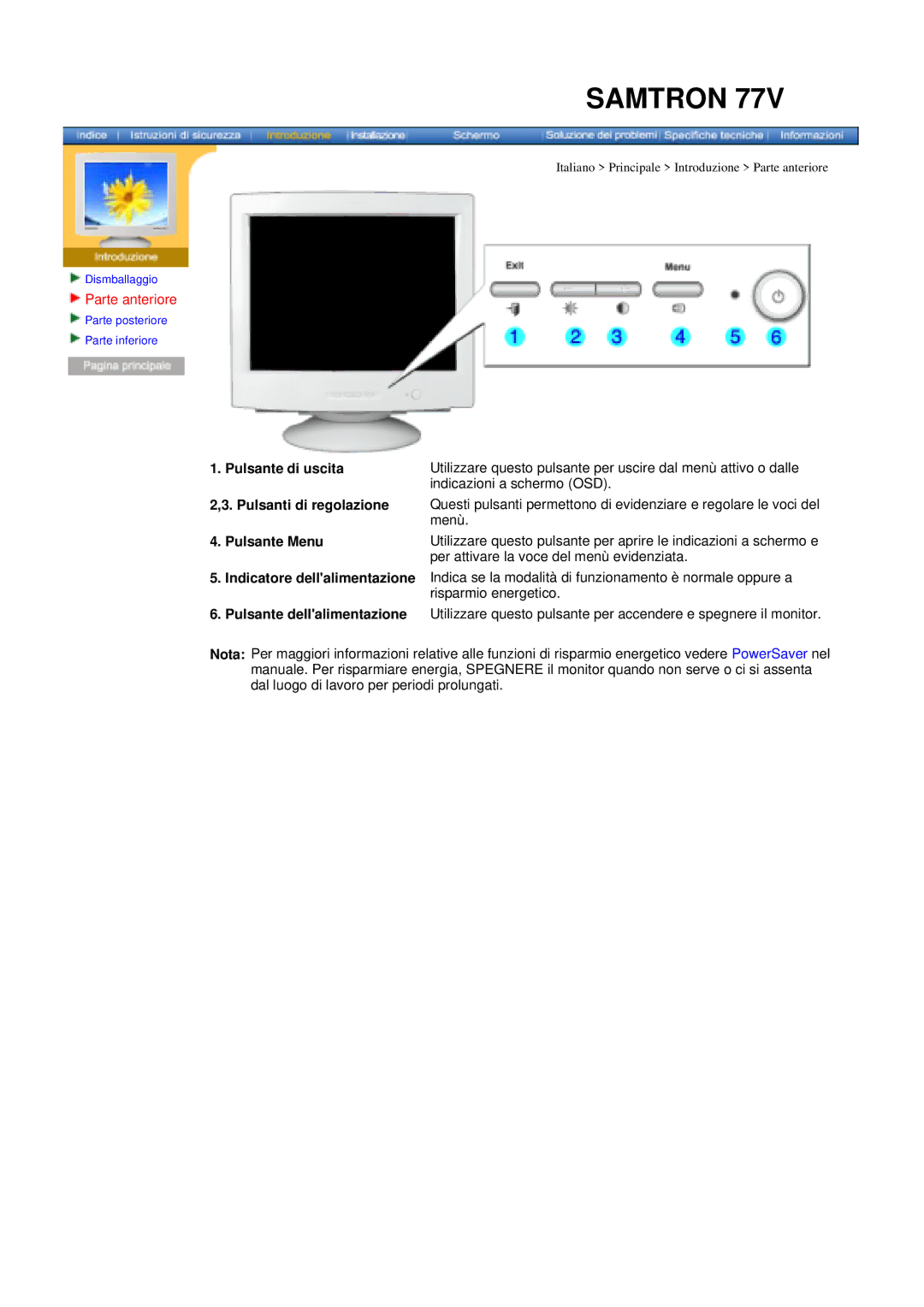 Samsung 76E manual Italiano Principale Introduzione Parte anteriore 