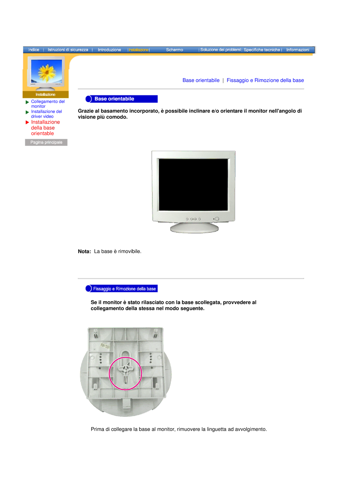 Samsung 76E manual Installazione della base orientable 