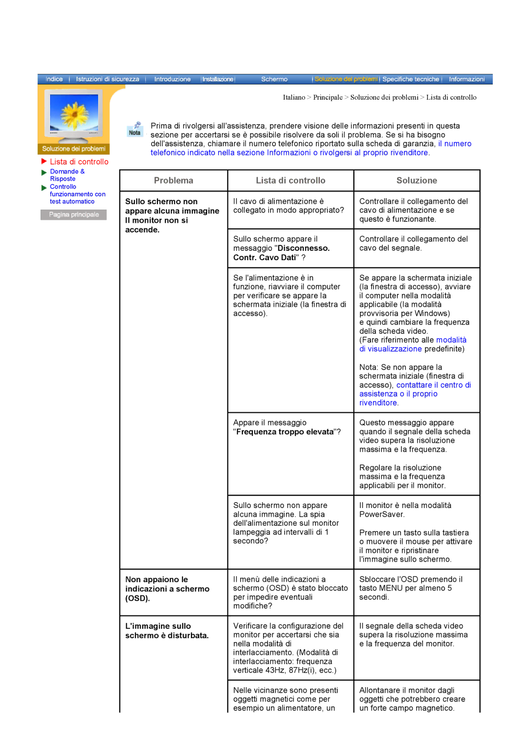 Samsung 76E manual Lista di controllo, Messaggio Disconnesso. Contr. Cavo Dati ?, Frequenza troppo elevata? 