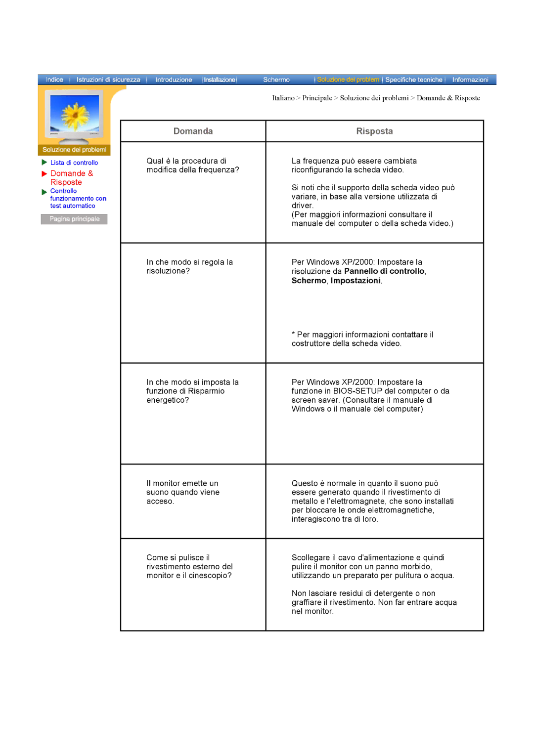 Samsung 76E manual Domande Risposte, Schermo, Impostazioni 