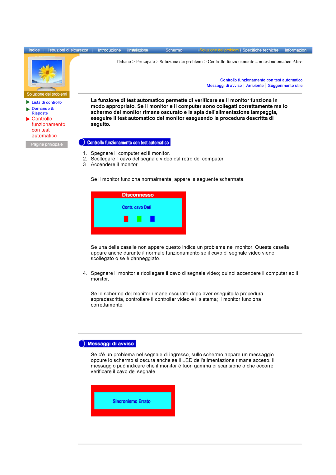 Samsung 76E manual Controllo funzionamento con test automatico 