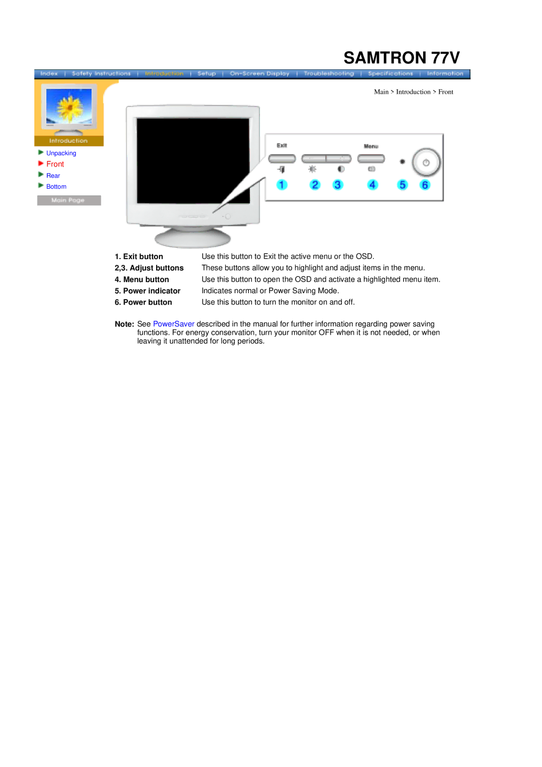 Samsung 76E, 76V, 77V manual Power button Use this button to turn the monitor on and off 