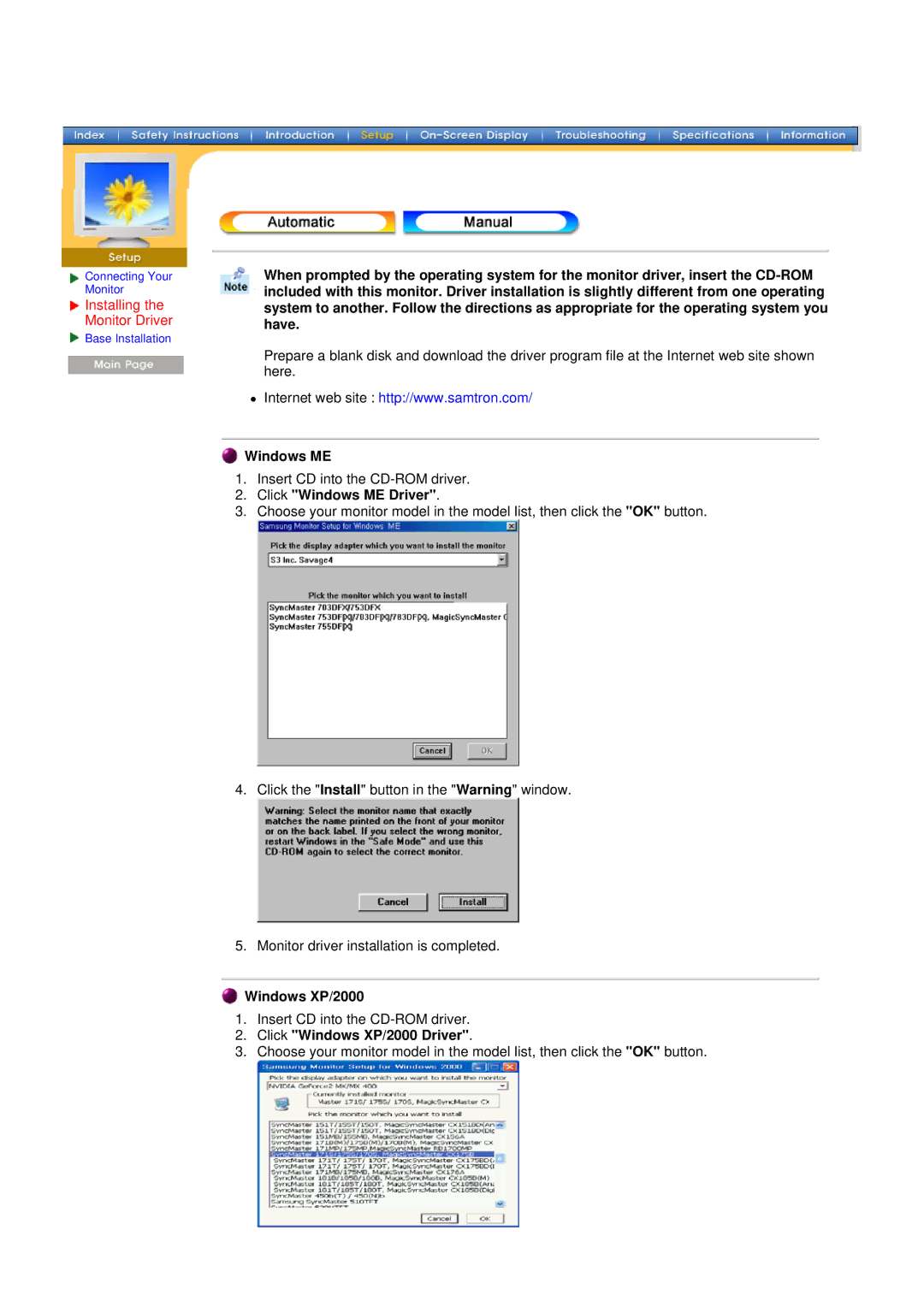 Samsung 76V, 77V manual Installing the Monitor Driver, Click Windows ME Driver, Click Windows XP/2000 Driver 