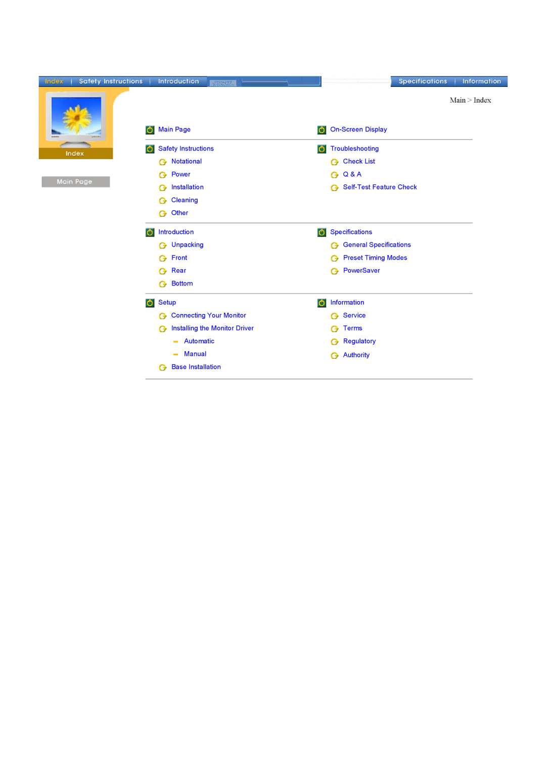 Samsung 76E, 76V, 77V manual Main Index 