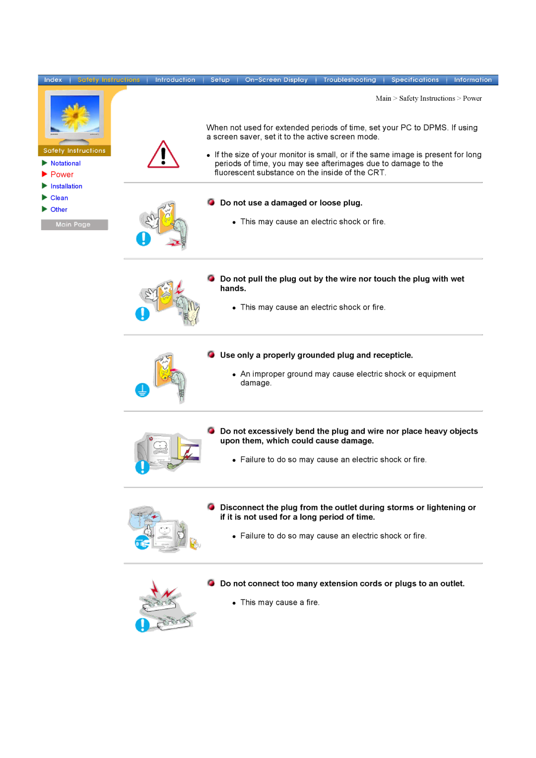 Samsung 76E, 76V, 77V Power, Do not use a damaged or loose plug, Use only a properly grounded plug and recepticle 