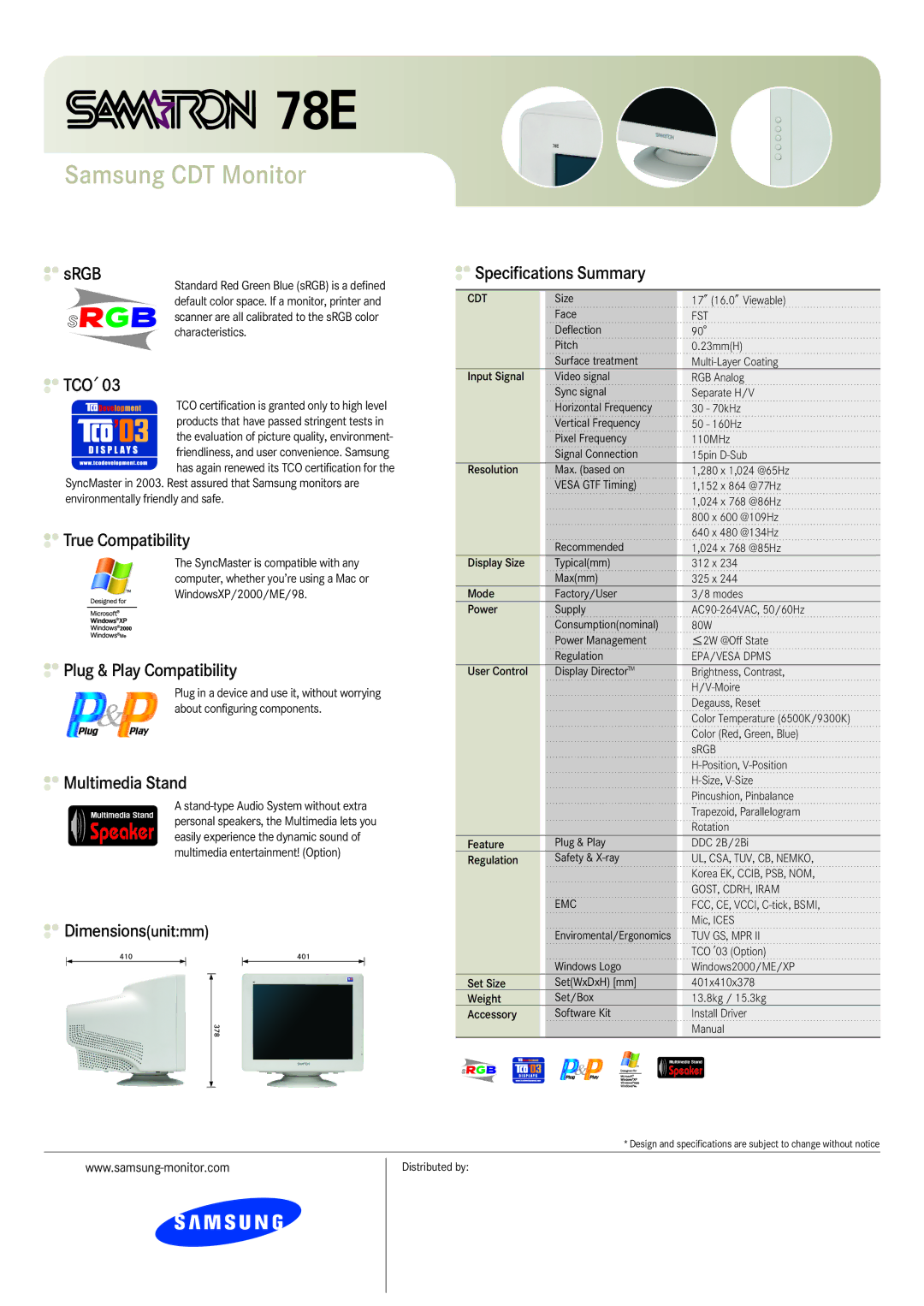 Samsung 78E manual Srgb, Tco, True Compatibility, Plug & Play Compatibility, Multimedia Stand, Dimensionsunitmm 