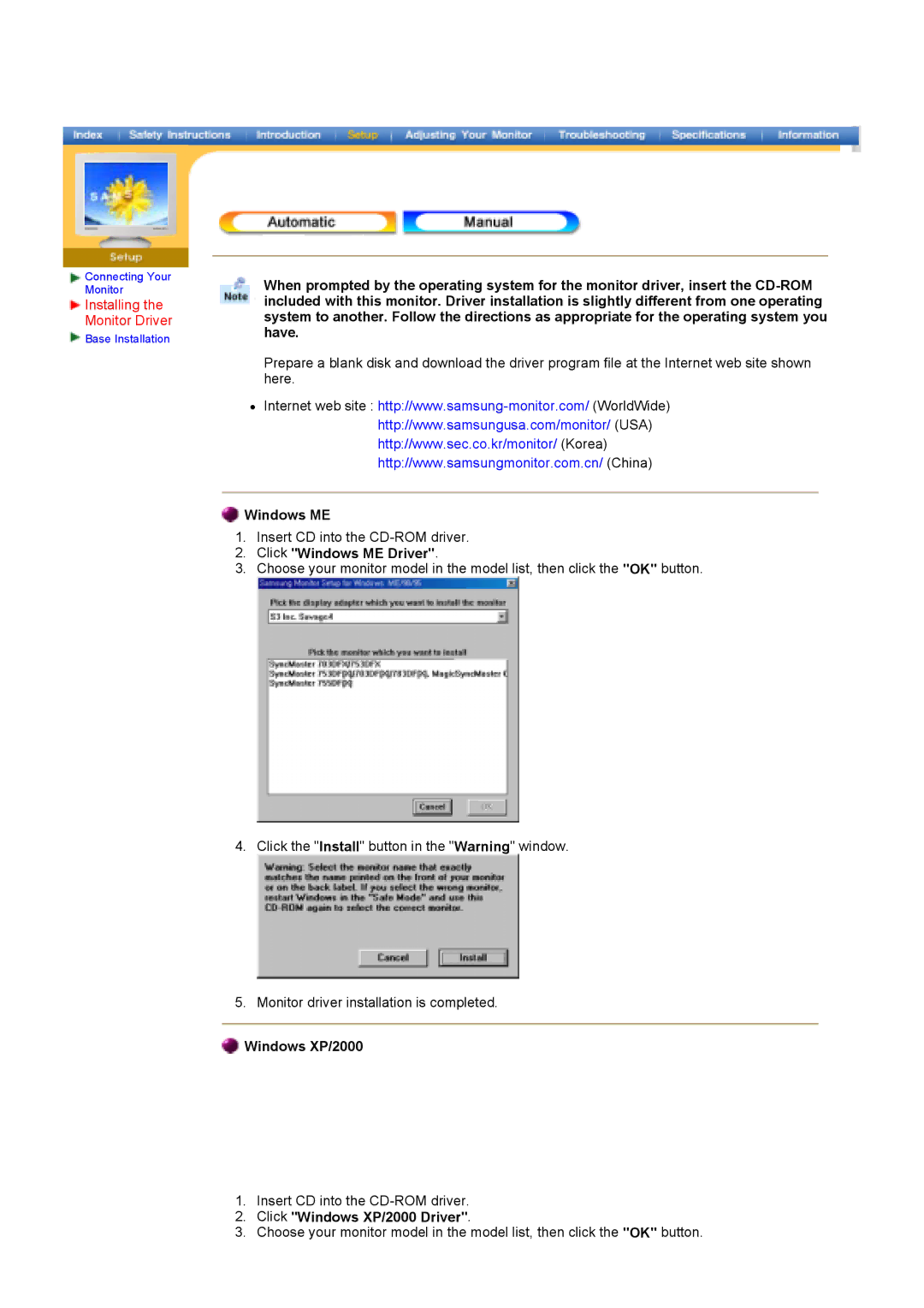 Samsung 790DF manual Installing the Monitor Driver, Click Windows ME Driver, Click Windows XP/2000 Driver 