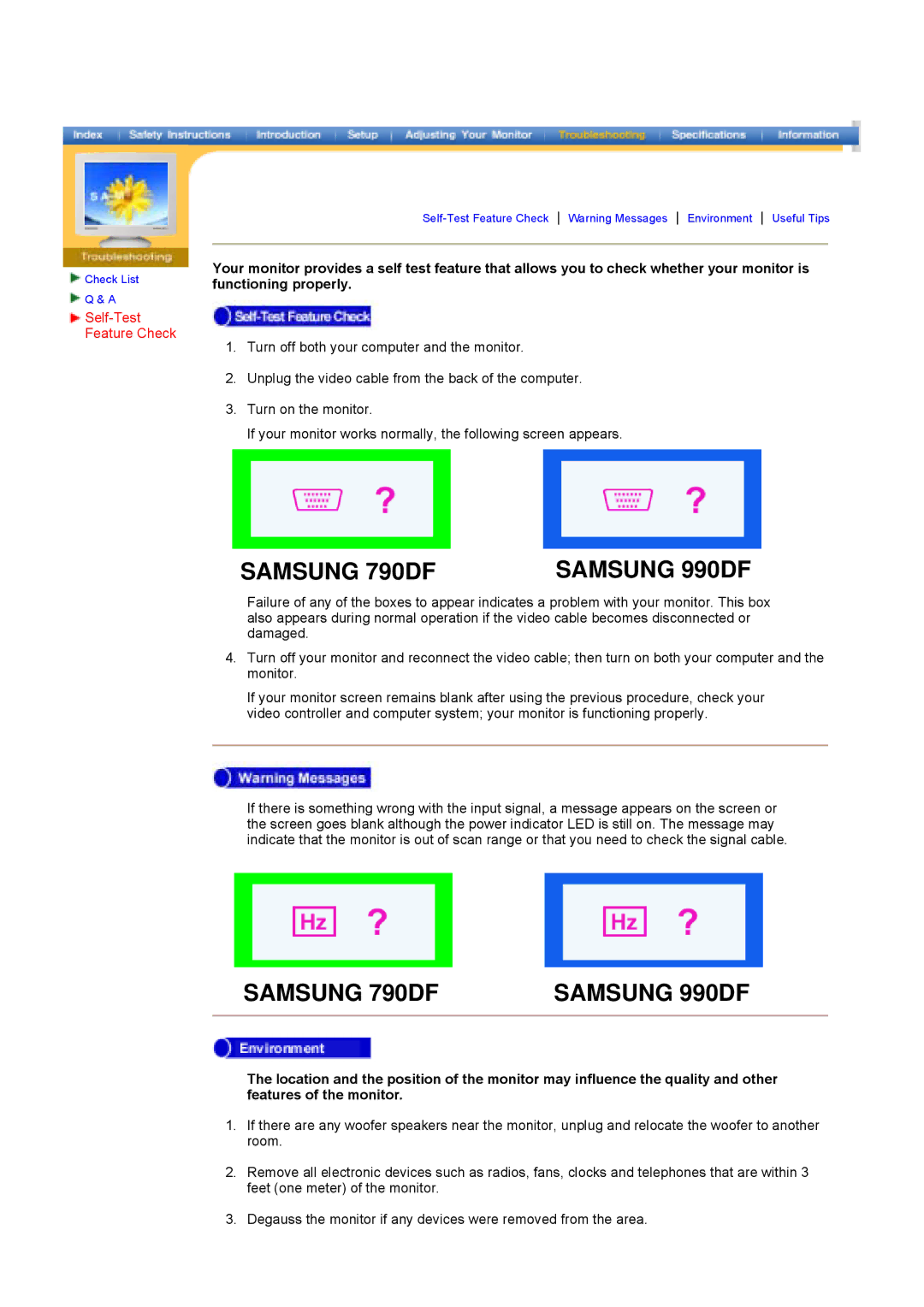 Samsung manual Samsung 790DF Samsung 990DF, Self-Test Feature Check 