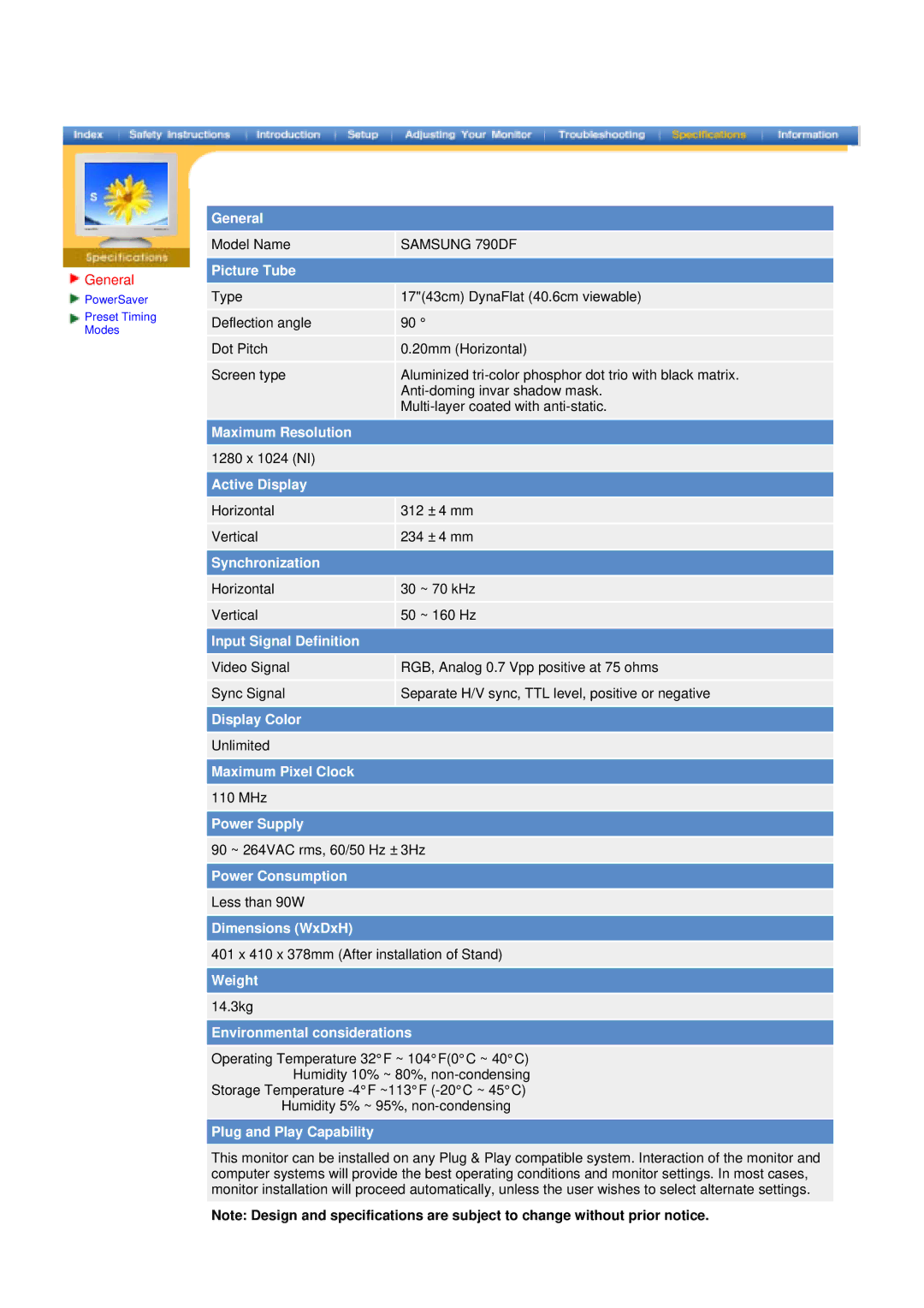 Samsung 790DF manual General, Picture Tube 