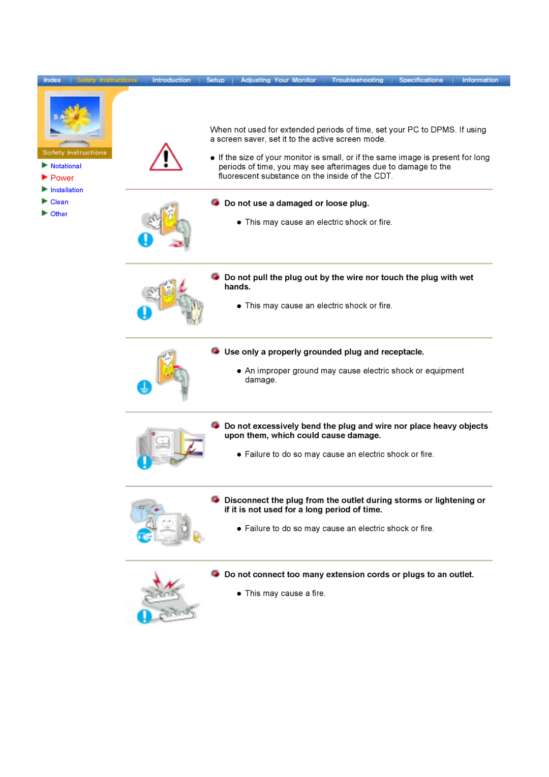 Samsung 790DF manual Power, Do not use a damaged or loose plug, Use only a properly grounded plug and receptacle 