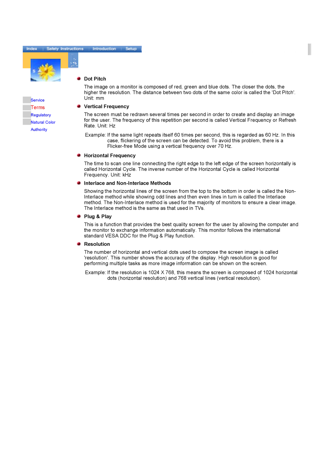 Samsung 790DF manual Dot Pitch, Terms, Interlace and Non-Interlace Methods, Plug & Play, Resolution 