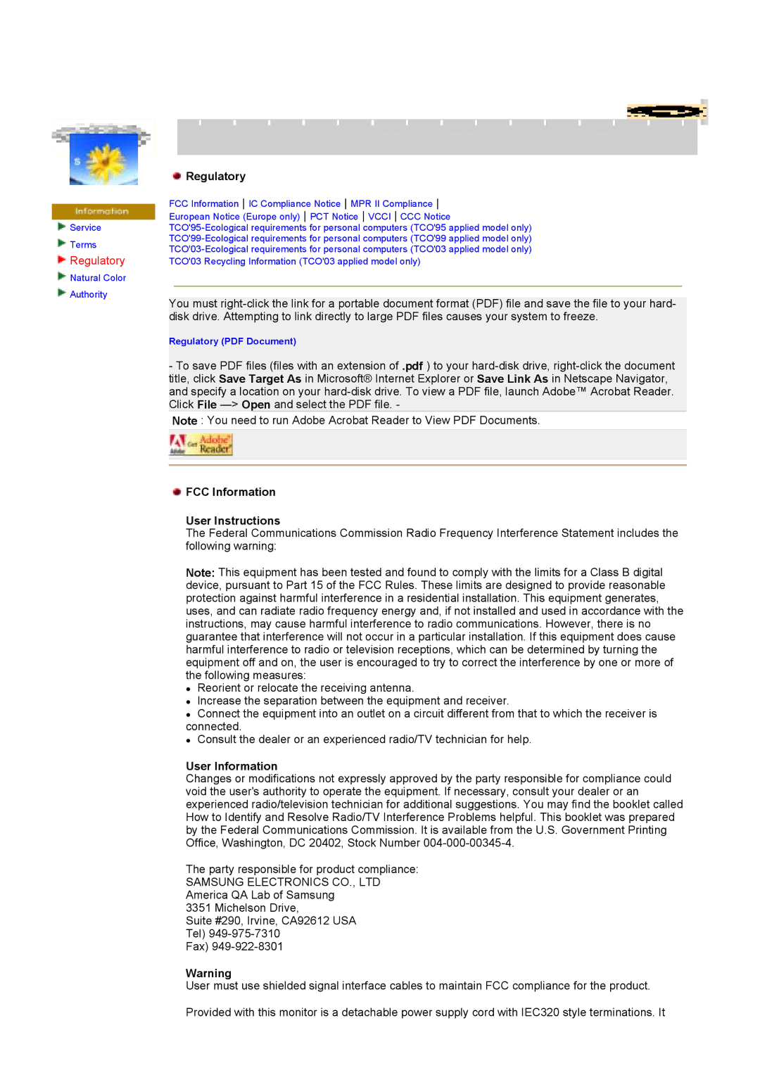 Samsung 790DF manual Regulatory, FCC Information User Instructions, User Information 